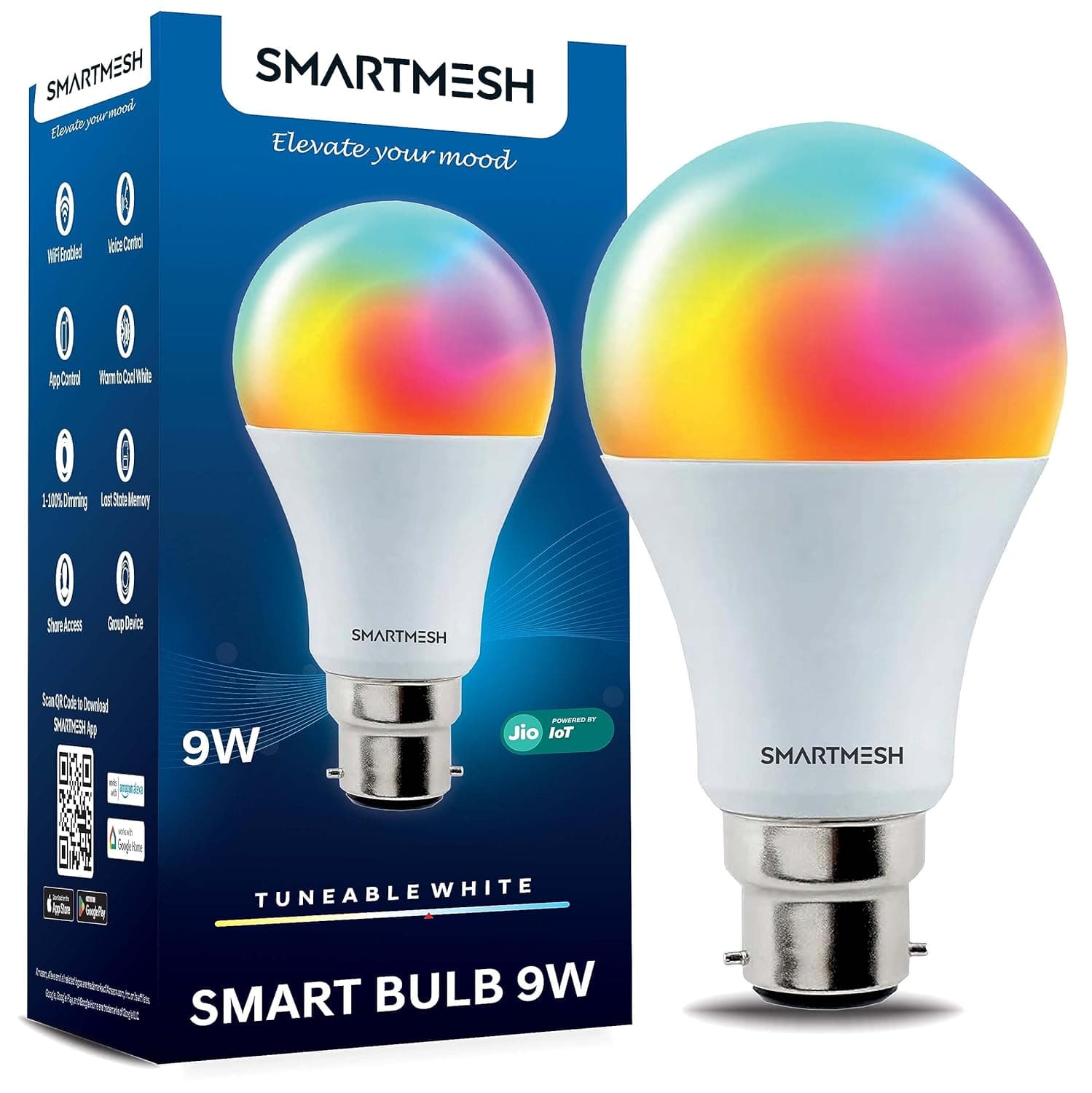 Wi-Fi RGB+CCT Smart LED Bulb Powered by Jio IoT | 9 Watt | Music Sync | Last State Memory | 16 Million Colors | Warm and Cool White | Compatible with Alexa and Google Assistant (Base B22)
