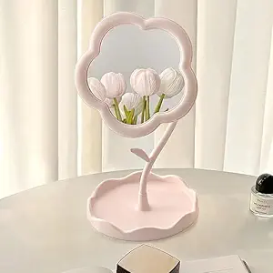 YEPZY Flower-Shaped Makeup Mirror, Rotatable Makeup Mirror with Tray Table Vanity Mirror Cute Flower-Shaped Mirror for Tabletop, Bedroom, Bathroom, Living Room(29L*16W)