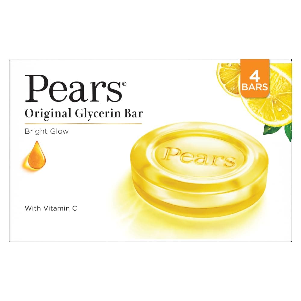 Pears Original Glycerin Soap Bar - Bright Glow | With 98% Pure Glycerin & Vitamin C | With Plant Based Cleanser for Skin & Body | Paraben-free | 125gms x 4