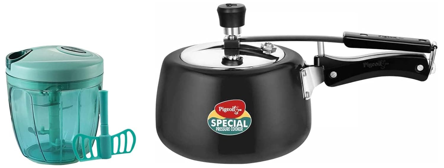 Pigeon by Stovekraft Hard Anodised Aluminium Inner Lid Cooker - 3 Litre with Induction Base (Contura), medium & Handy Chopper with 5 Stainless Steel Blades and 1 Plastic Whisker (XL, Green)