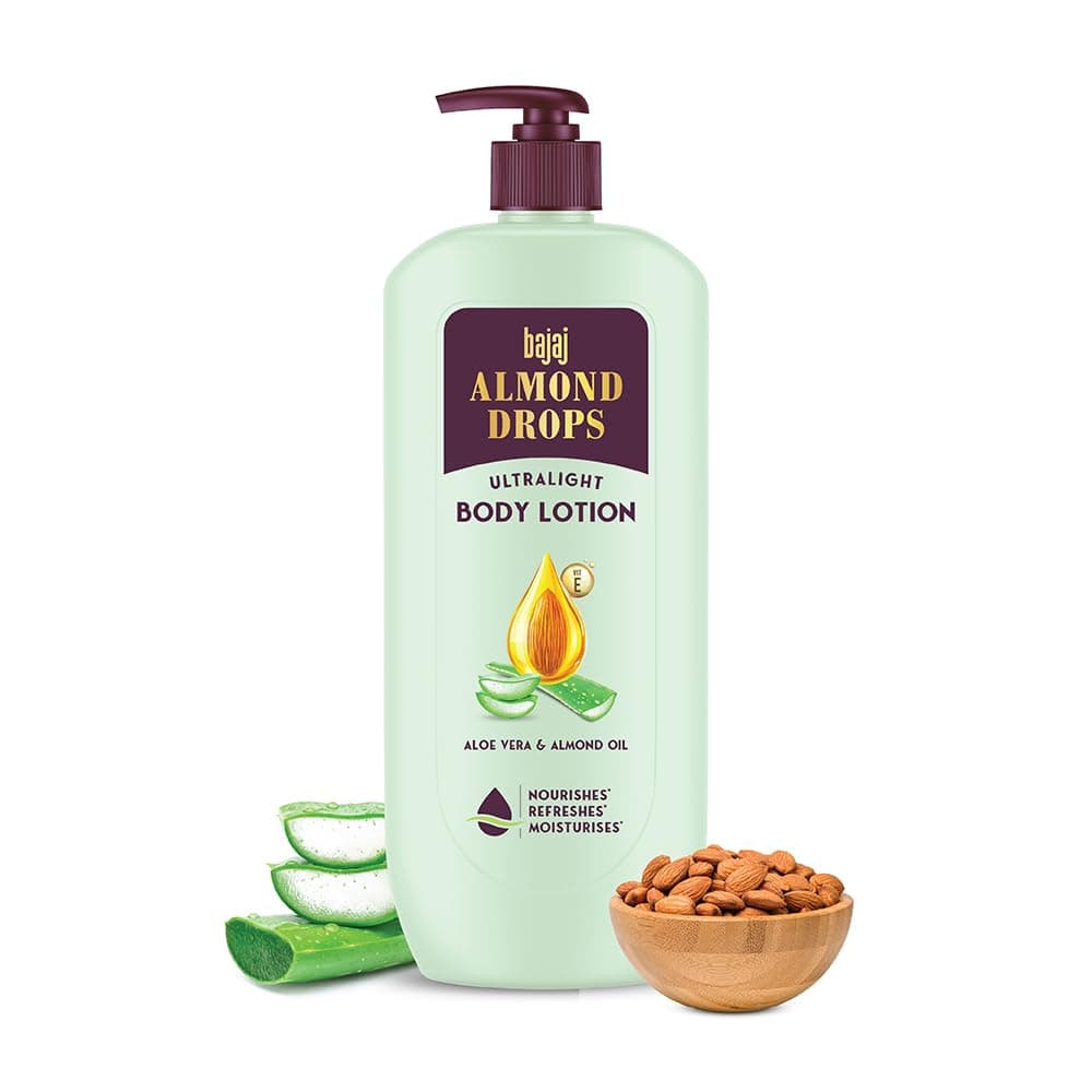 Bajaj Almond Drops Ultralight Body Lotion, 600 ml | Women and Men | Refreshing Hydration - Aloe Vera, Almond Oil & Vitamin E