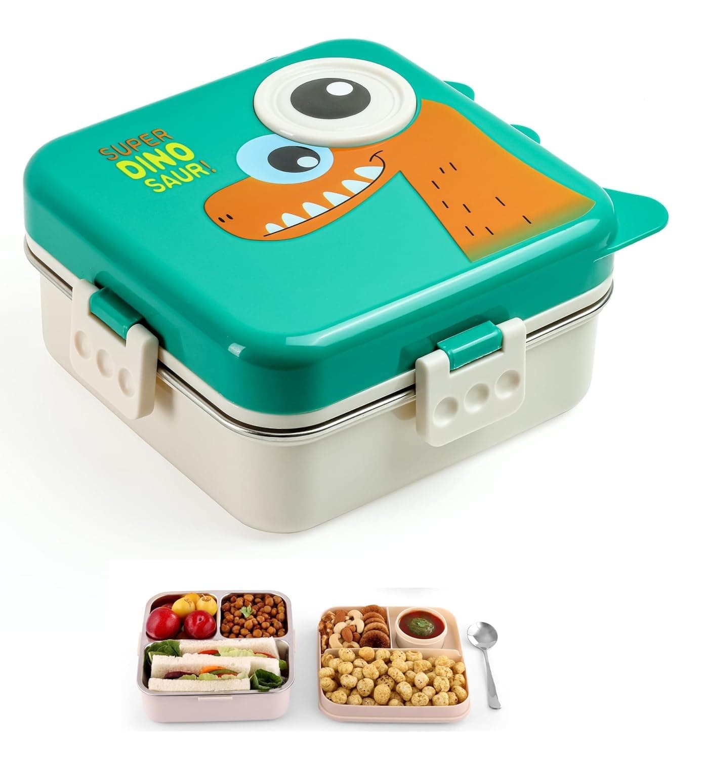 Brand Conquer Green Kids Lunch Box – Stainless Steel Insulated Tiffin for School with Spoon, BPA-Free | Leak-Resistant Bento Box with Tray & Container | 800 ML(Green, Super Dinosaur)