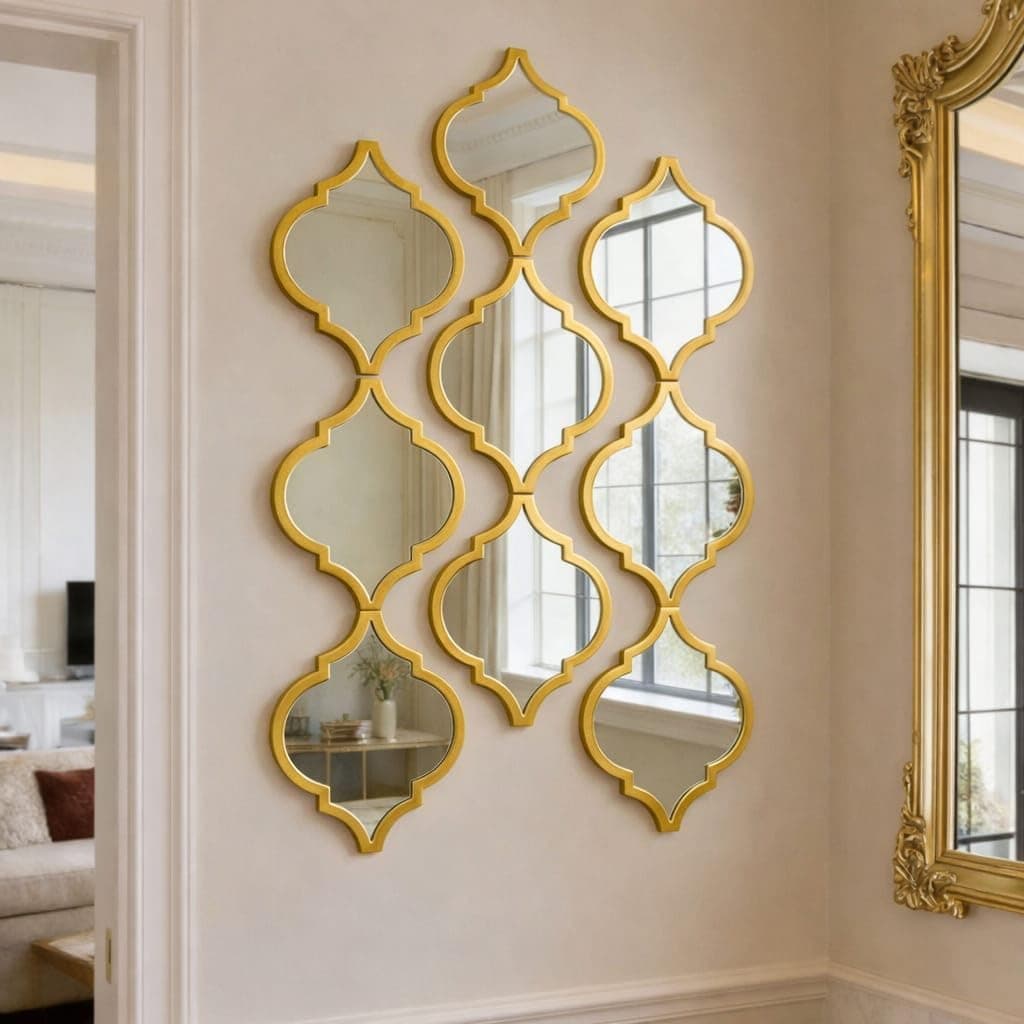 Set of 9 Quatrefoil Wall Mirrors โ Decorative Moroccan Lattice Accent Mirrors โ Interlocking Geometric Wall Art for Living Room, Entryway, and Bedroom Decor (Gold)