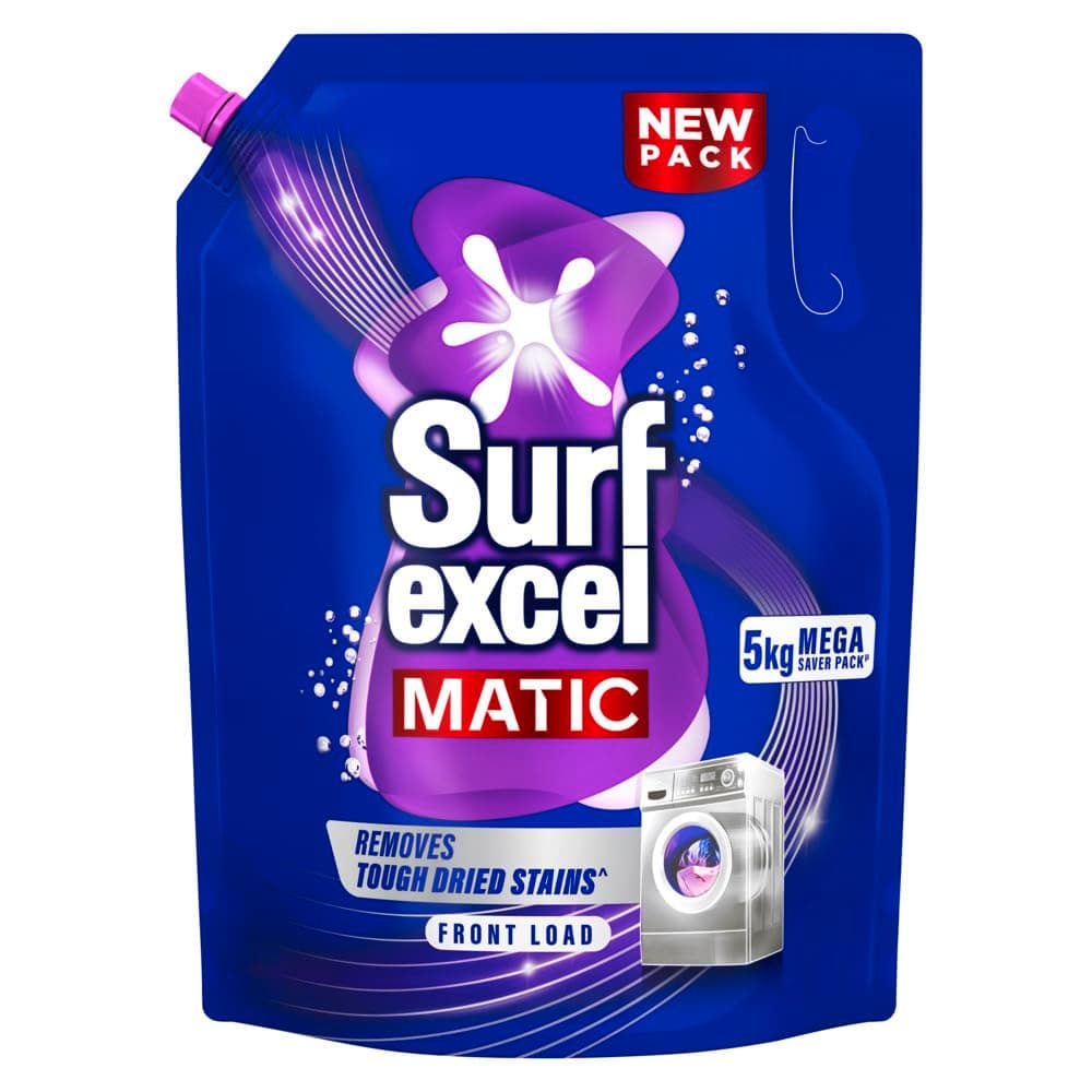 Surf Excel Matic Front Load Liquid Detergent 5Kg Refill Pouch, Specially designed to remove Tough Dried Stains, 1st time in Washing Machine