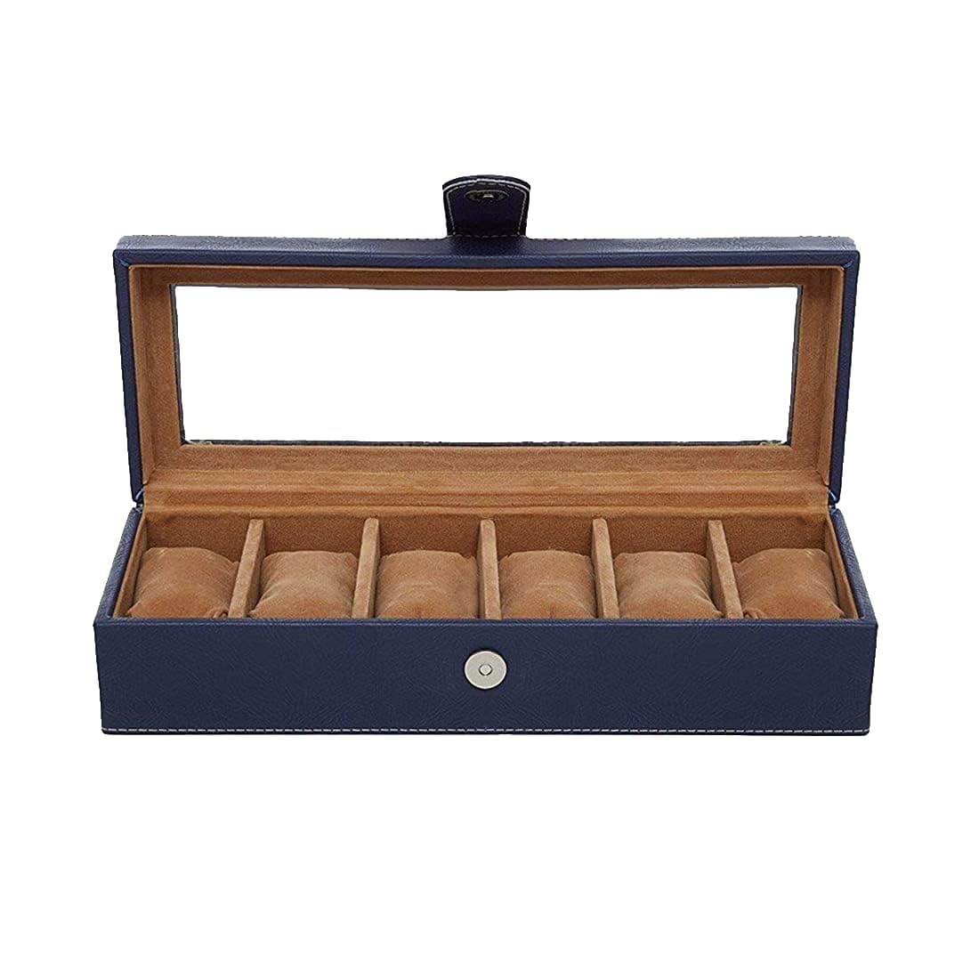 Leather World Engineered Wood Watch Box Holder Organizer Case In 6 Slots Of Watches For Men And Women With Transparent Display (Blue)
