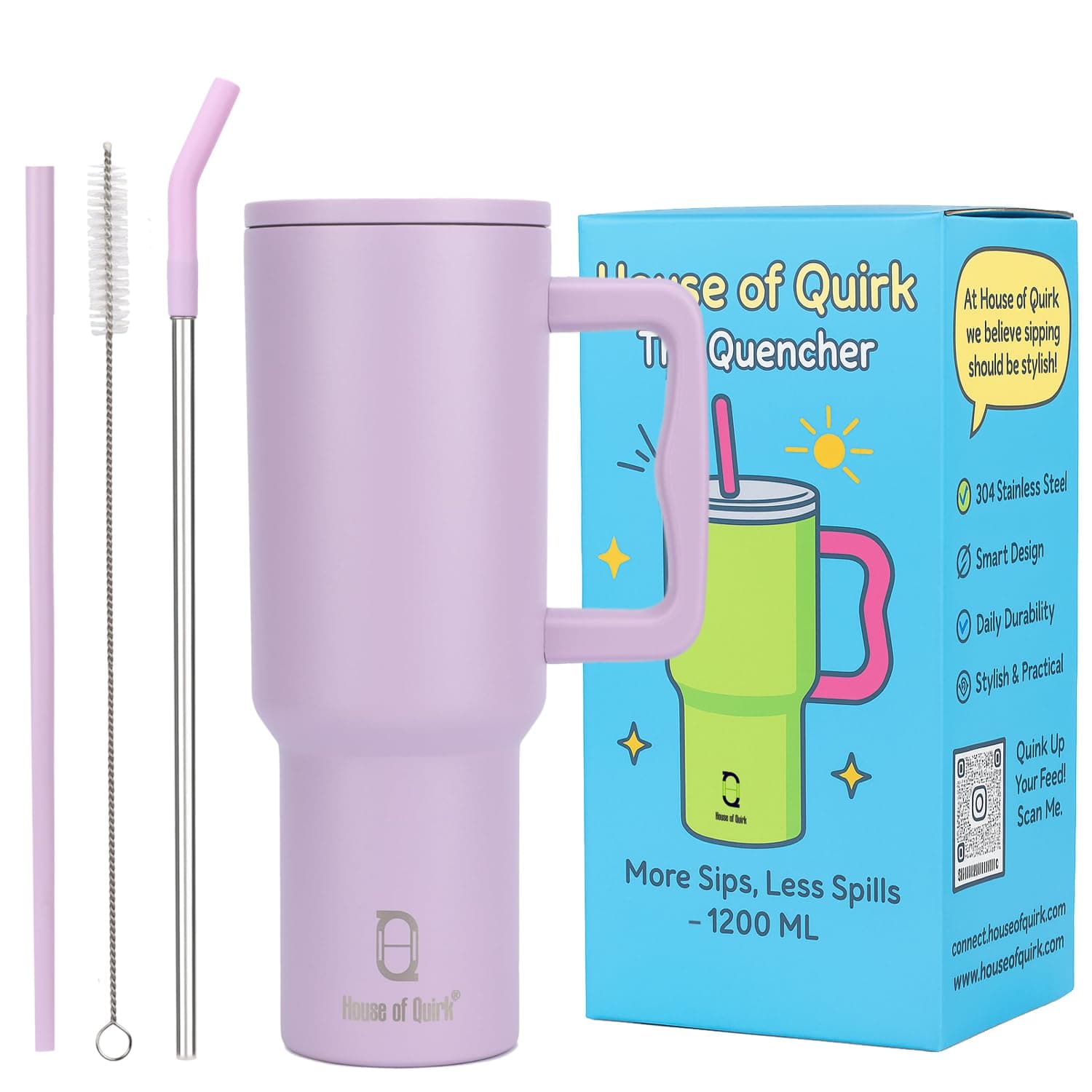 House of Quirk 1200ML Stainless Steel Tumbler with Handle & Lid, 2 Straws – Large Travel Mug Water Cup for Gym, Office & Outdoor Use (Lavender Mist)