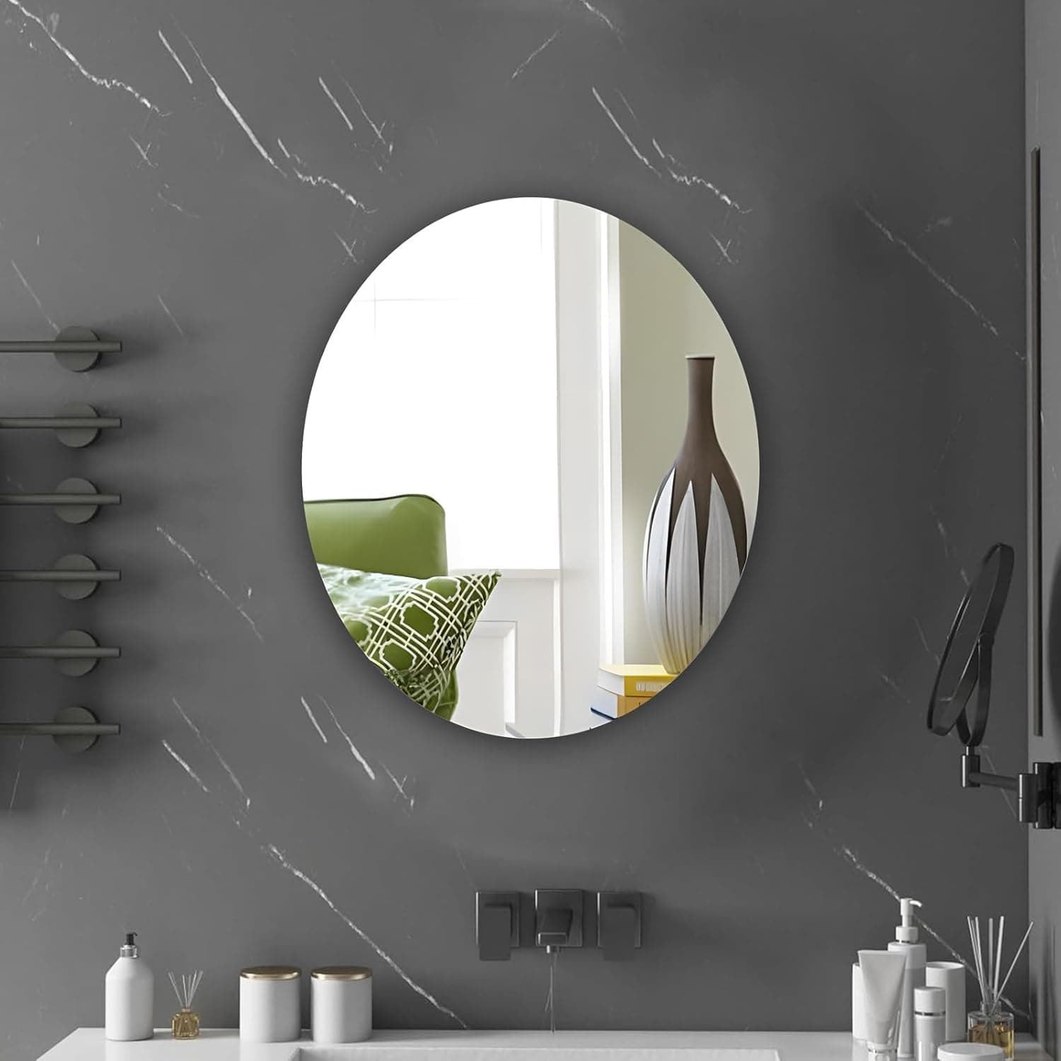 PANCA Oval Adhesive Wall Mirror Sticker 21x31 cm | Unbreakable Flexible Plastic Mirror for Bathroom, Bedroom & Living Room | Lightweight Wash Basin Mirror for Tiles & Home Decoration (Silver Finish)