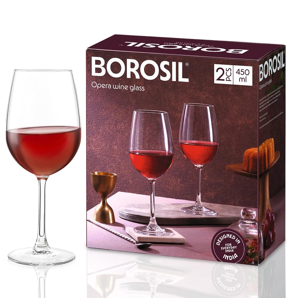Borosil 450ml x 2pc Opera Wine Glass Set | Wine Glasses for Red & White Wine, Cocktails & Mocktails | Elegant Glassware for Home, Parties & Gifting