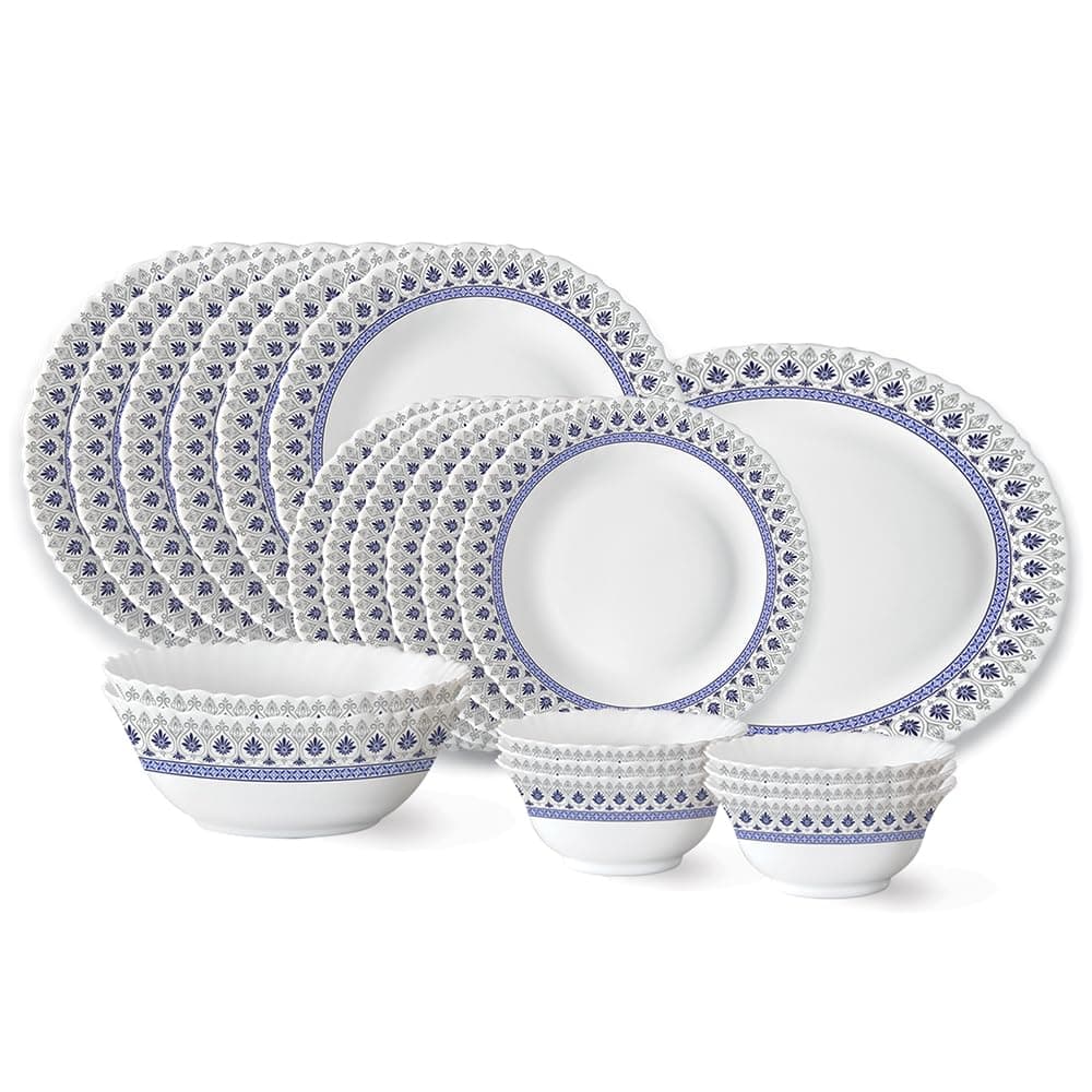 Larah by Borosil Ocean Fluted Series Opalware Dinner Set | 21 Pieces for Family of 6 | Microwave & Dishwasher Safe | Bone-Ash Free | Crockery Set for Dining & Gifting | Plates & Bowls | White