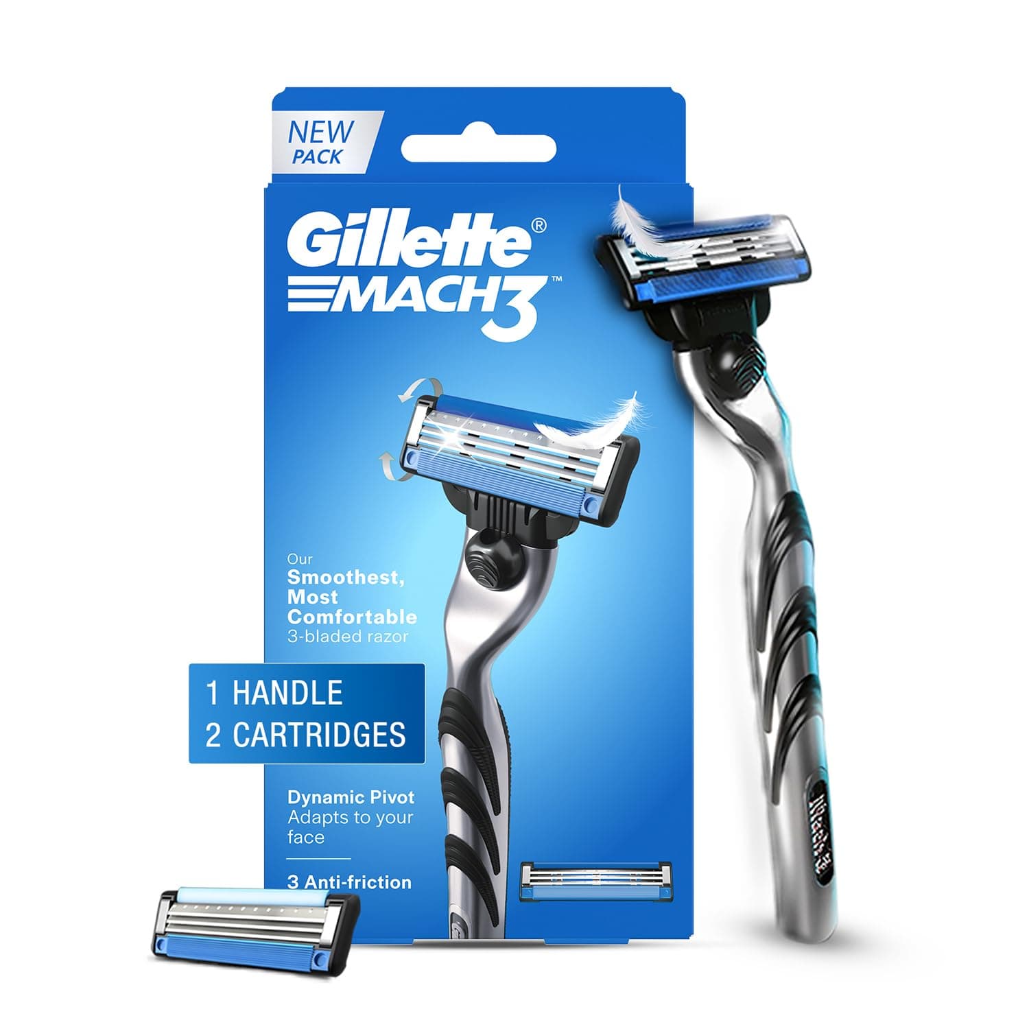 Gillette Mach 3 (Handle + 2 Cartridges) Shaving Razor For Men | Most Comfortable Shave | 3D Blade Technology That Adjusts To Your Face | Metal Handle For Superior Grip