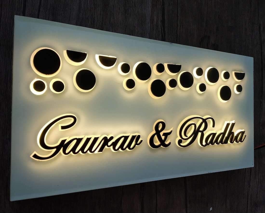 Aarushi Creations Personalised Home/Door Name Plate Signage, 3 Year Warranty - Acrylic Embossed Letters, With Lighting, Laser Cut, Size 12 X 8 In, White