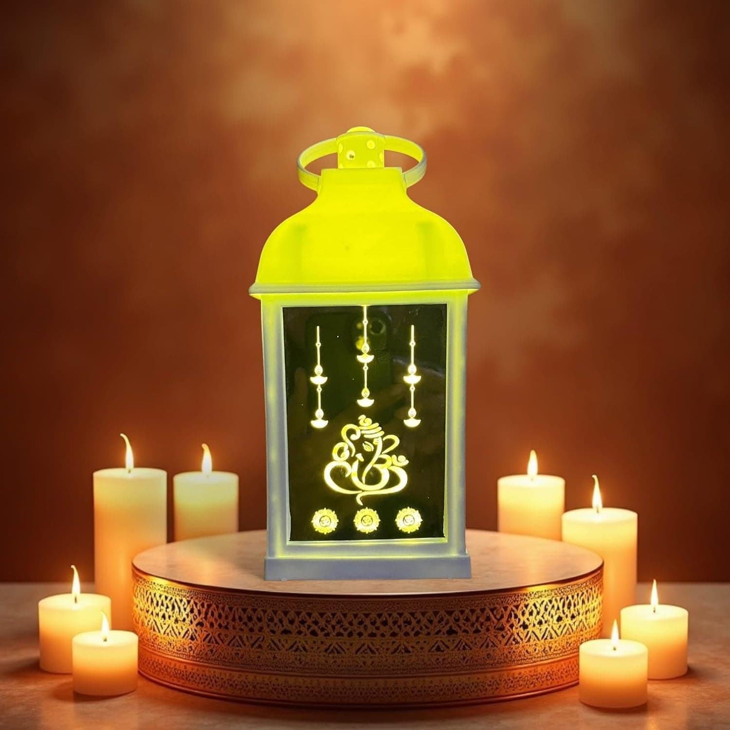 Antique LED Mandir Lantern Hurricane Lamp – Flameless & Smokeless Acrylic Tent Light, Wall Hanging Candle Holder for Home, Living Room, Camping Decor (Yellow) | Popo Toys®