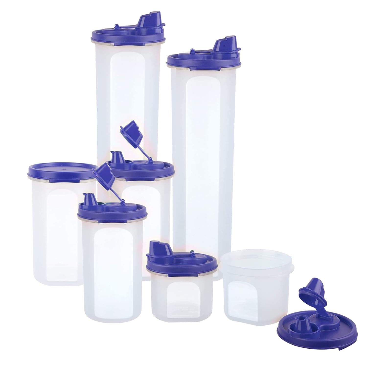 Cutting EDGE Smart Oil Dispenser Storage Combo Air-Tight & Leak Resistant Plastic Round Container For Vinegar Sauces Olive Oils Water Easy Flow BPA Free (Dark Blue, 2x1.1L & 3x585ml & 2x250ml)