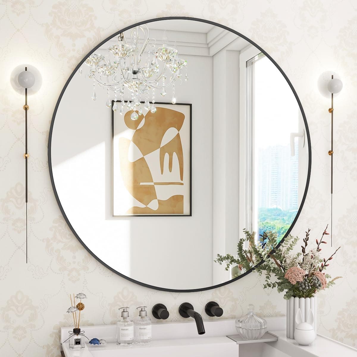 The Artment your artistic apartment Decorative Orbit Round Shape Wall Mirror with Frame for Living Room | Bathroom | Hall | Home Decor with Hanging Stripes (Black Frame, 30 Inch)