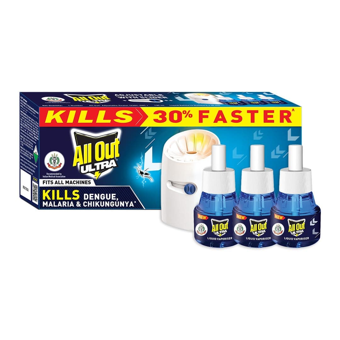All Out Ultra Liquid Vaporizer, Machine + 3 Refills (45ml each) | Kills Dengue, Malaria & Chikungunya Spreading Mosquitoes| India's Only Mosquito Killer Brand Recommended by Indian Medical Association