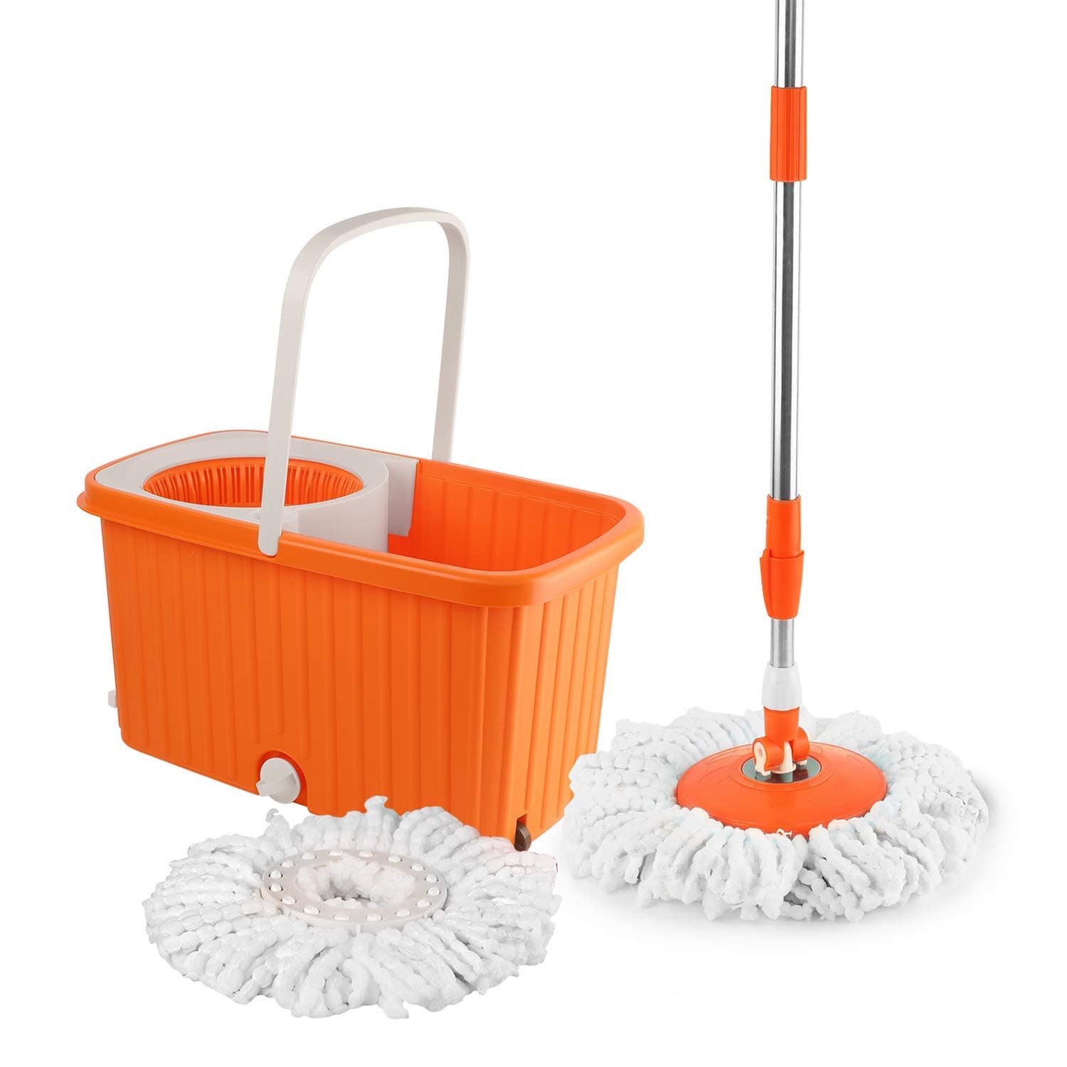 Kleeno by Cello Hi Clean Spin Mop with 2 Microfiber Refills, Orange | Plastic Wringer and Wheels | Floor Cleaning Bucket and Mopping System