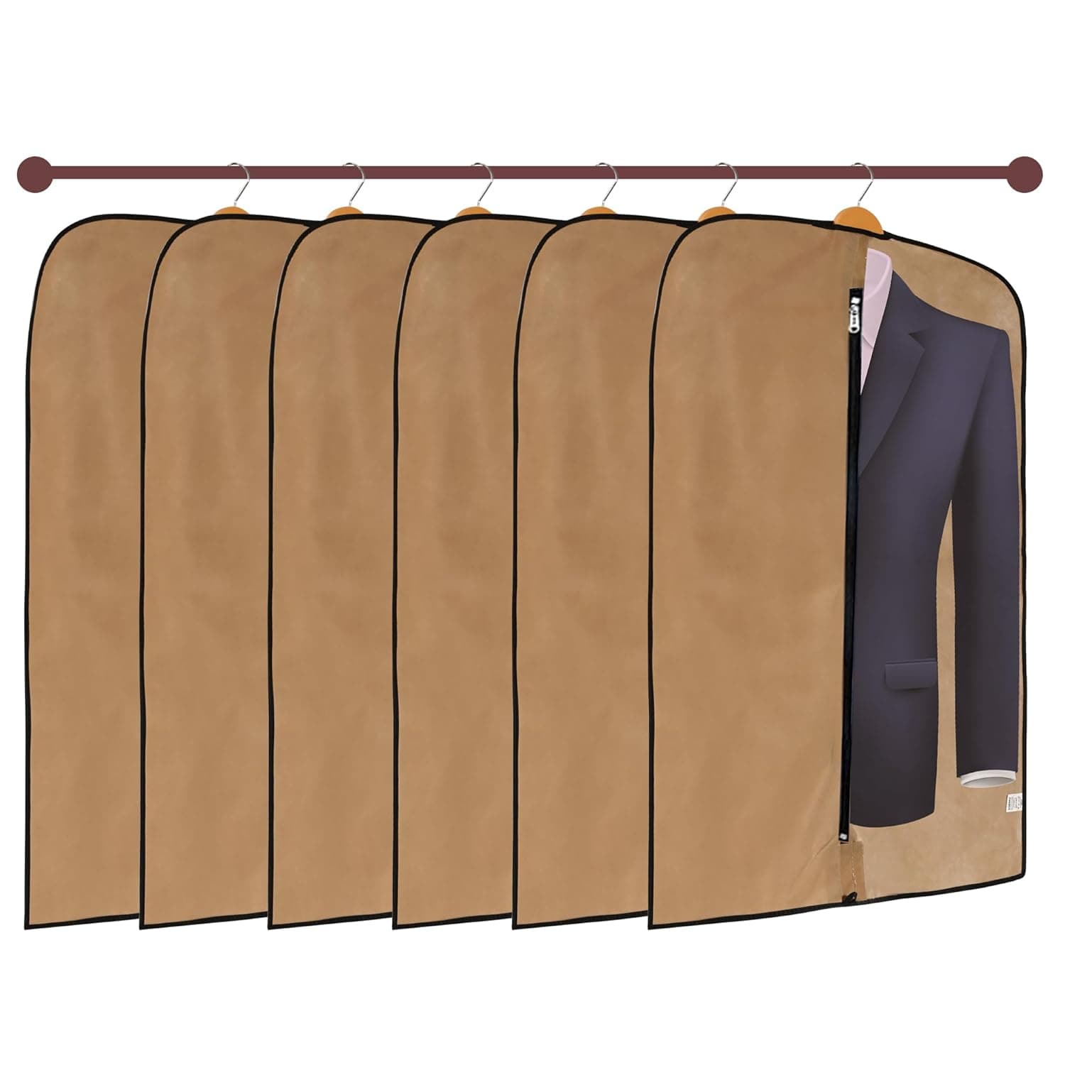 Kuber Industries Non-Woven Pack of 6 Coat Covers | Blazer Cover for Men | Jacket Covers with Zip | Dustproof Storage Bag | Half Transparent Suit Bag | Brown