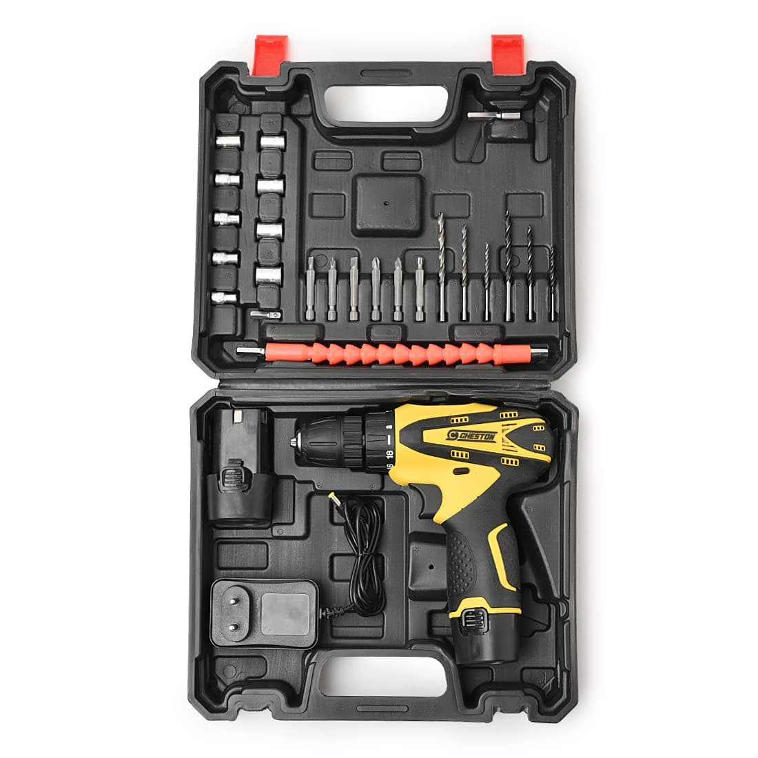 Cheston Cordless Drill Driver Kit with 24 accessories for drilling in Wall,Wood,Metal and Screwdriver 10 mm Keyless Chuck with 2 batteries LED torch Reversible Variable Speed and Torque Setting (19+1)