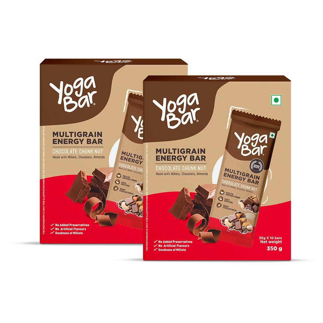 Yogabar Multigrain Energy Bars - Chocolate Chunk 20 Bars - Daily Protein Snack, High Energy & Nutrition Bars - with 8g Protein & 7g Fibre - No Preservatives - Pack of 2, 10 Bars each