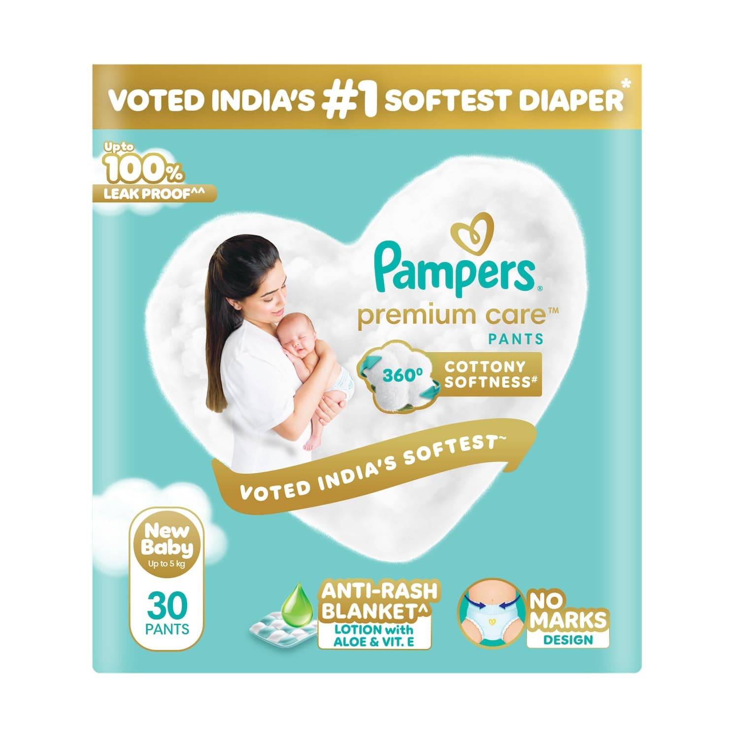 Pampers Premium Care Pant Style Baby Diapers XS 30 Count | No Marks Design | Voted India’s #1 Softest Diaper | All in 1 diaper with 360 Cottony Softness