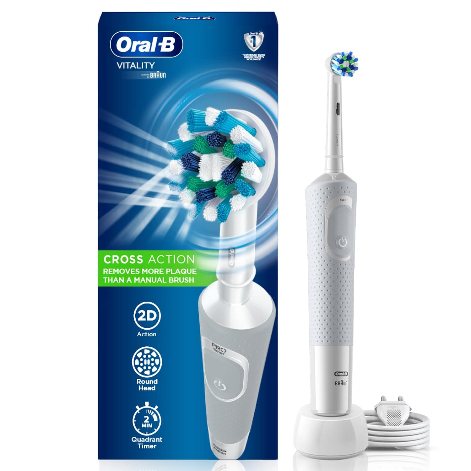 Oral-B Vitality Rechargeable Rotating Electric Toothbrush For Adults,2 Brushing Modes (Daily & Sensitive),2 Min Timer With Quadpacer,2 Year Warranty,Ipx7 Water Resistant,Round Brush Head,(White,1)