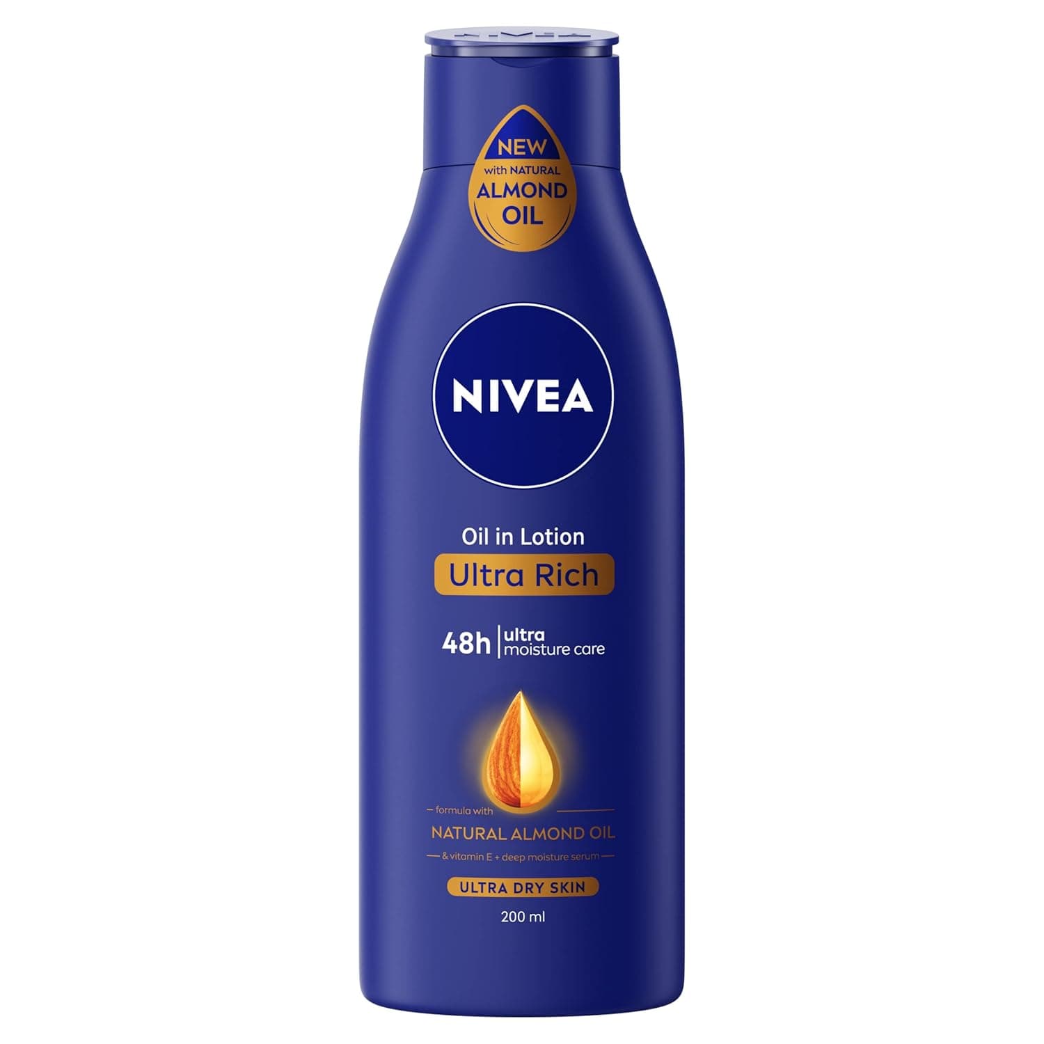 NIVEA Body Lotion for Extremely Dry Skin, Oil in Lotion Ultra Rich, With Natural Almond Oil & Vitamin E, 48h Moisture Care, 200 ml