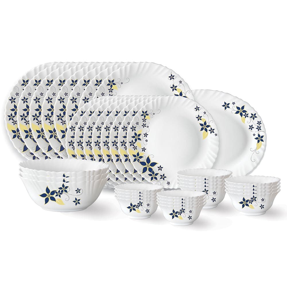 Larah by Borosil Viva Fluted Series Opalware Dinner Set | 36 Pieces for Family of 8 | Microwave & Dishwasher Safe | Bone-Ash Free | Crockery Set for Dining & Gifting | Plates & Bowls | White