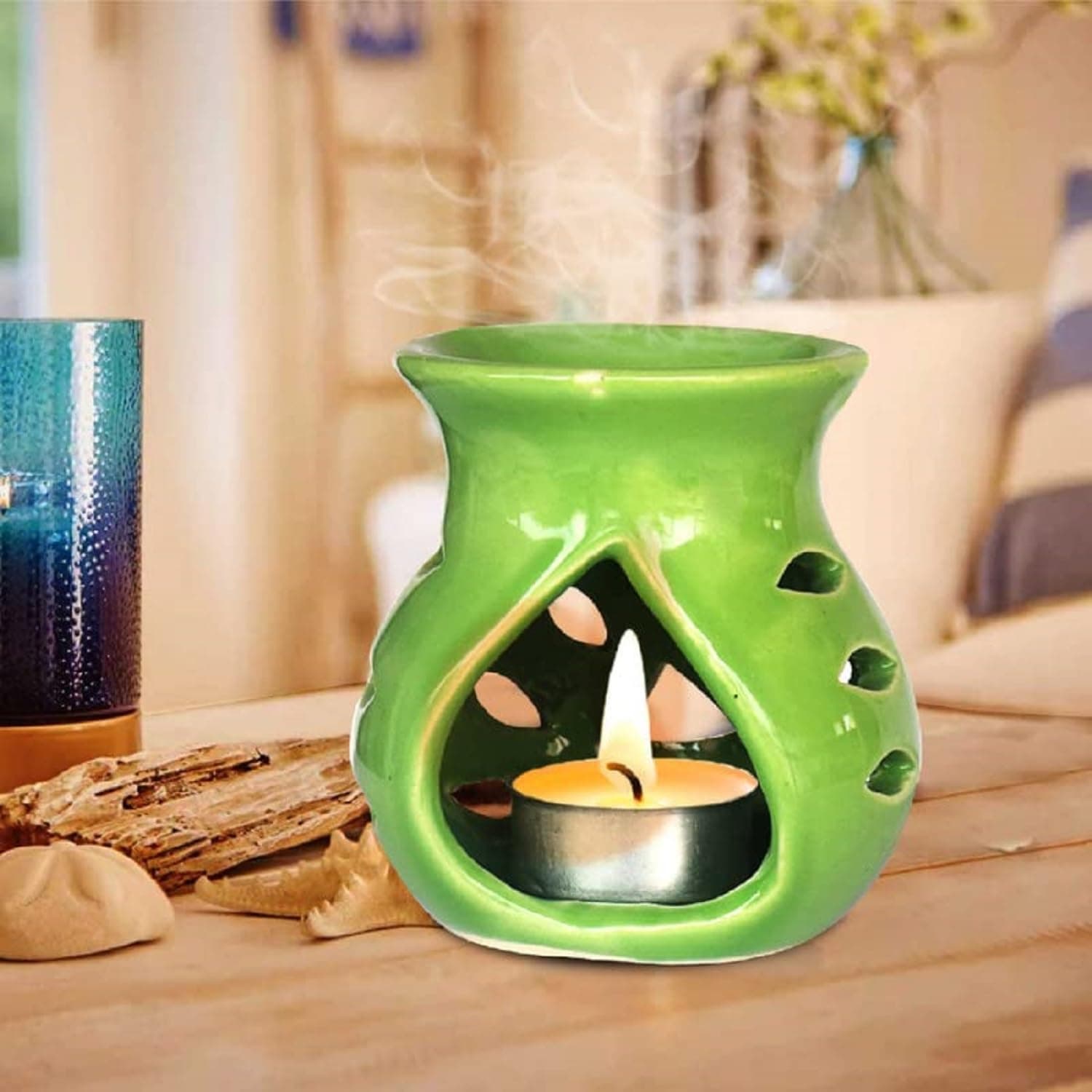 Pure Source India Ceramic Aroma Burner, Oil Warmer for Home, Office & Aromatherapy Use (Green) (3.5 Inch) Pack of 1