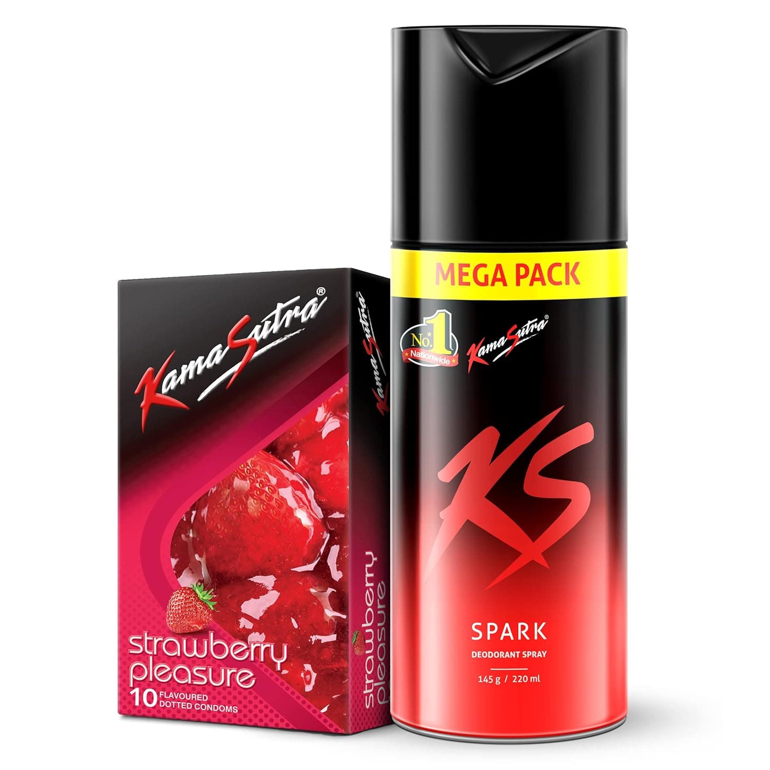 KamaSutra Spark Spray Deodorant Mega Pack 220 ml and Strawberry Flavoured Condoms 10 Count, (male)