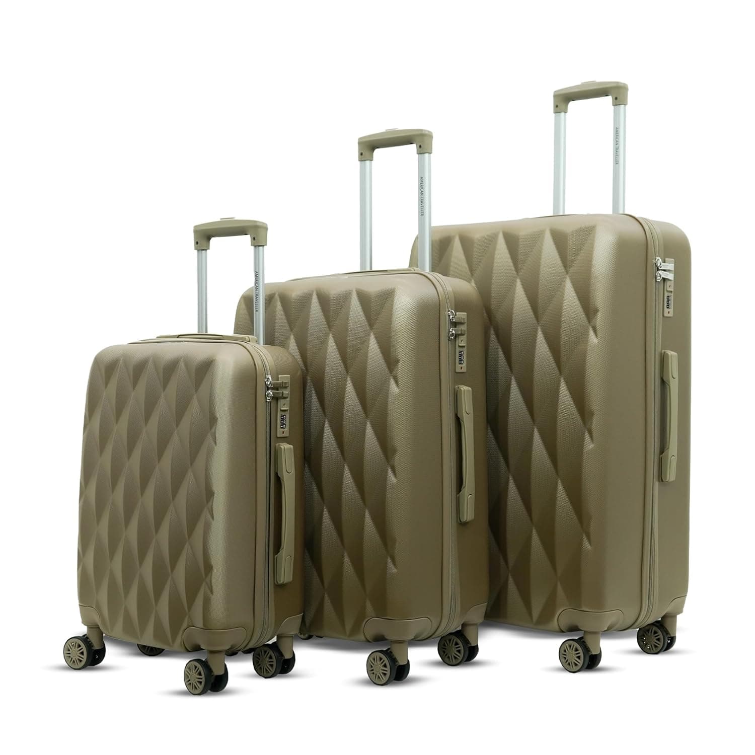AMERICAN TRAVELLER TourisDiamon Trolley Bag Set of 3 | Durable ABS Hard Shell Luggage | TSA-Type Lock | 8 Dual Spinner Wheels | Telescopic Handle | Travel Suitcase | Trolley Bag Set (3, Khaki)
