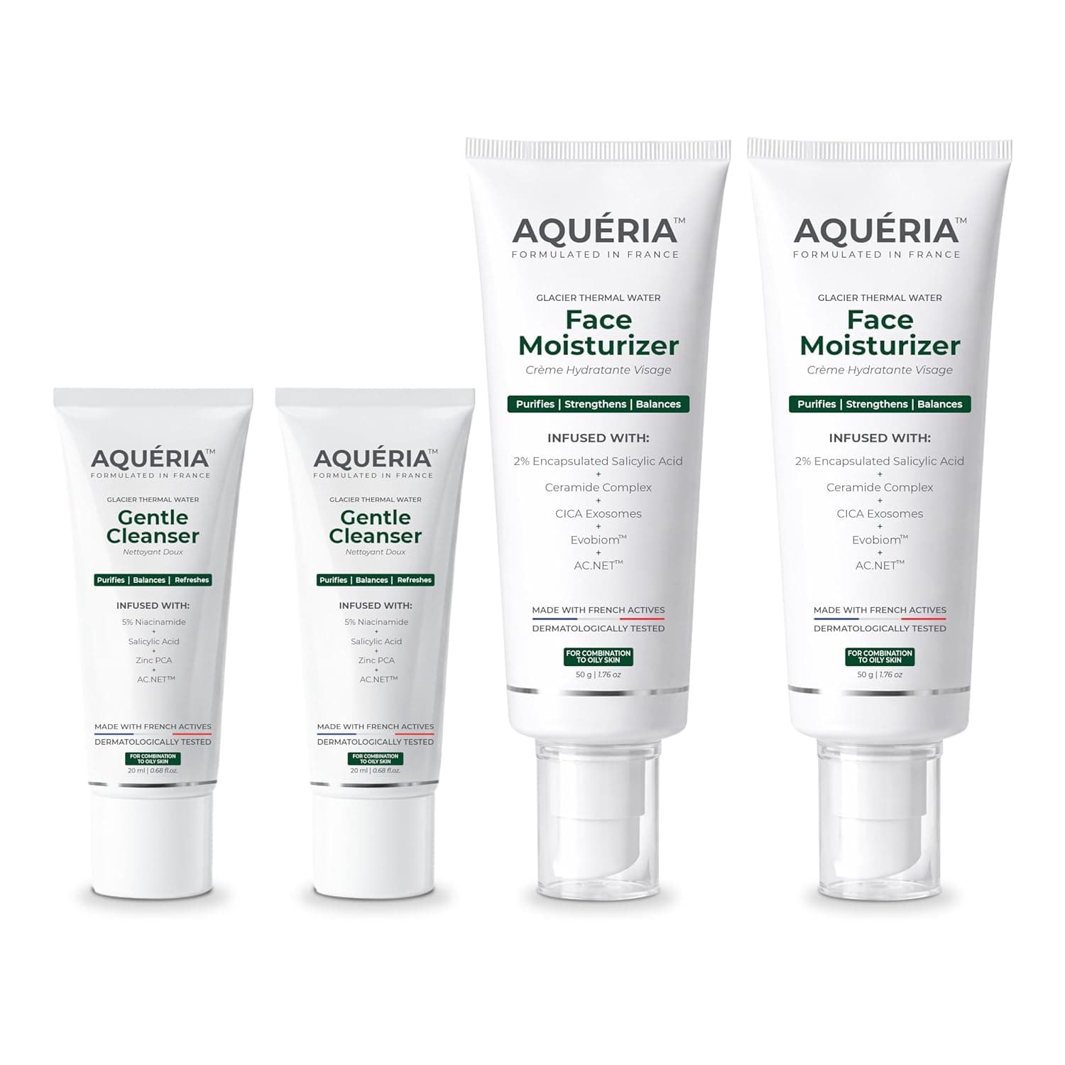 Aqueria Oil Free Gel Based French Face Moisturizer & Oil Control French Face Wash for Oily, Combination & Acne Prone Skin | With Niacinamide, BHA & Multi Actives | Non-Drying, Non Comedogenic, pH Balanced | Safe for Daily Use (Pack of 4 - 50g + 50g Face Moisturizer & 20ml + 20ml Face Wash)