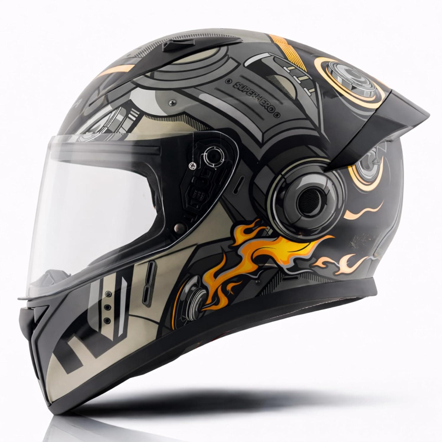 Vega Bolt Superhero ISI Certified Full Face Motorcycle Helmet with Impact Resistant ABS Shell High Density EPS Liner Scratch Resistant Visor Quick Release Buckle Comfortable Inner Padding Black Grey Helmet-L