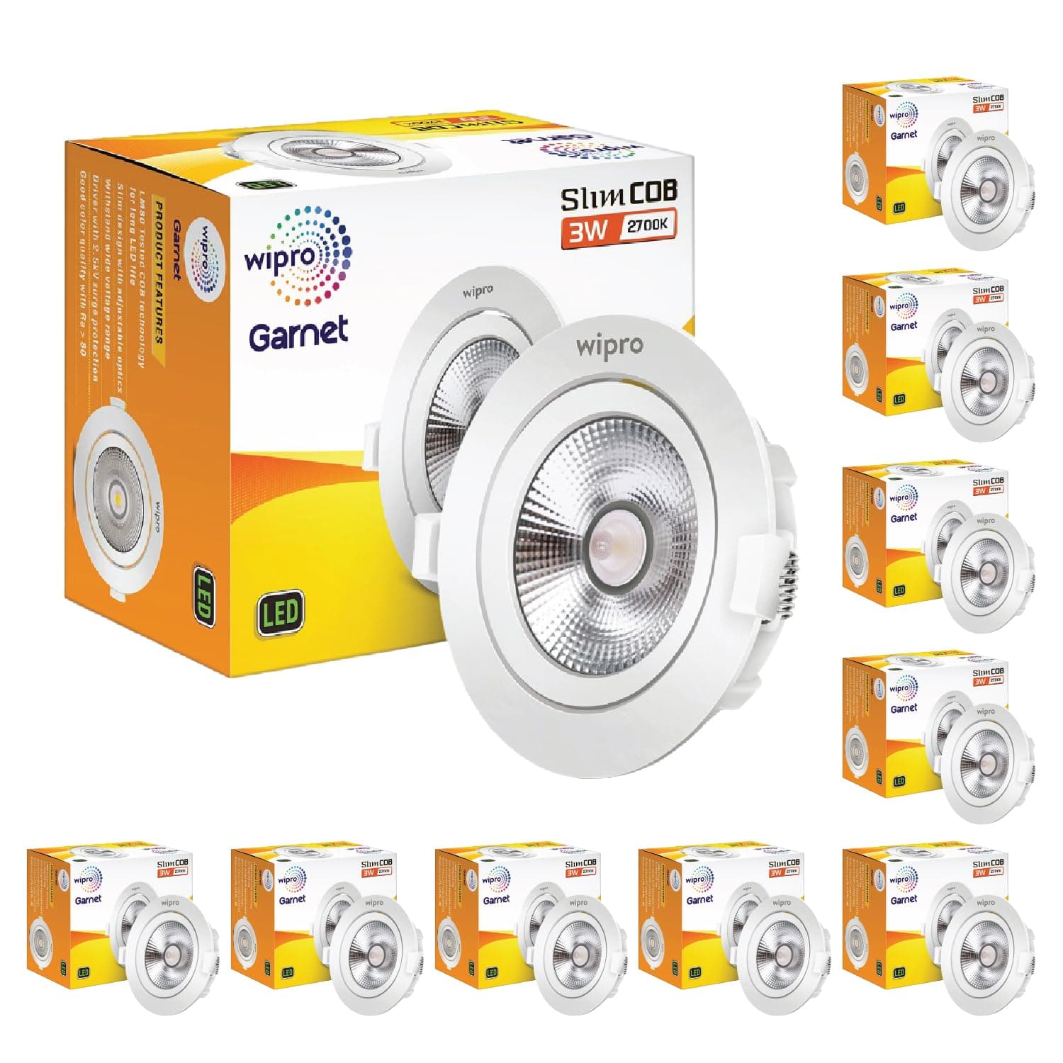 wipro Garnet 3 W Slim COB Downlight for False Ceiling | Warm White (2700 K) | Ceiling or Cabinet Light with Adjustable Optics | Pack of 10