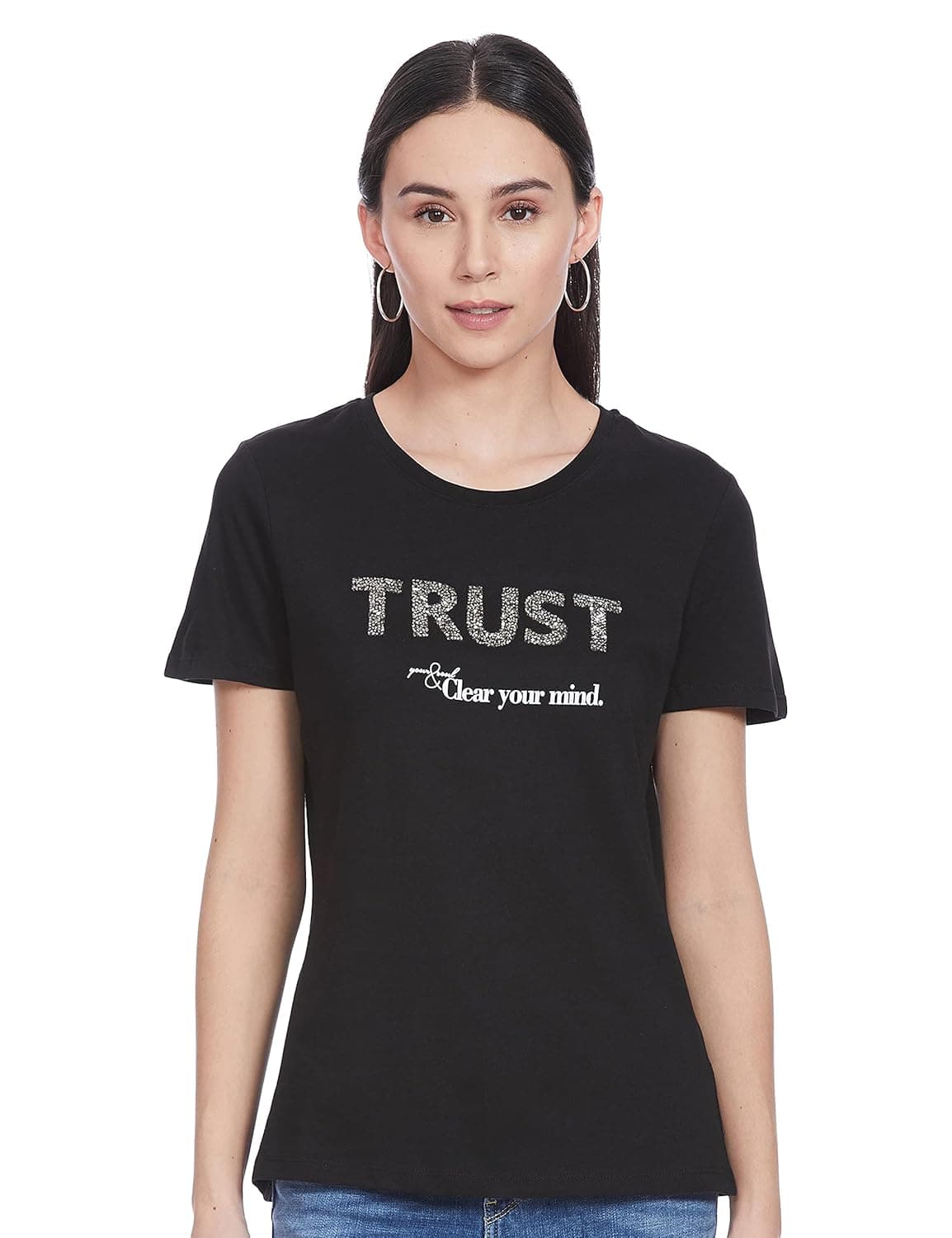 Mode By Red Tape Women's Printed Regular T-Shirt (MAT0621_Black L)