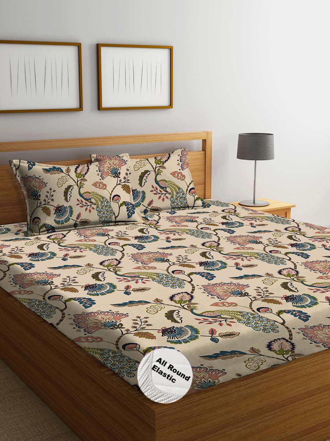 DECOMIZER 300 TC Cotton Feel Glace Cotton Elastic Fitted Printed King Size Double Bed Bedsheet with 2 Pillow Coverm Fits Upto 8 inches Mattress,Size- 72x78x10 Inches,Beige Anokhi