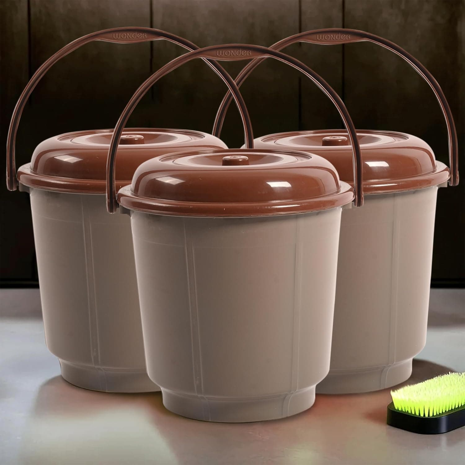 Urbane Home Pack of 3 Bucket | 18 Liter Bucket for Bathroom | Plastic Bucket for Daily Use | Bucket with Lid & Handle | Water Storage Bucket | Balti for Bathroom | Bathroom Bucket | Mink Grey