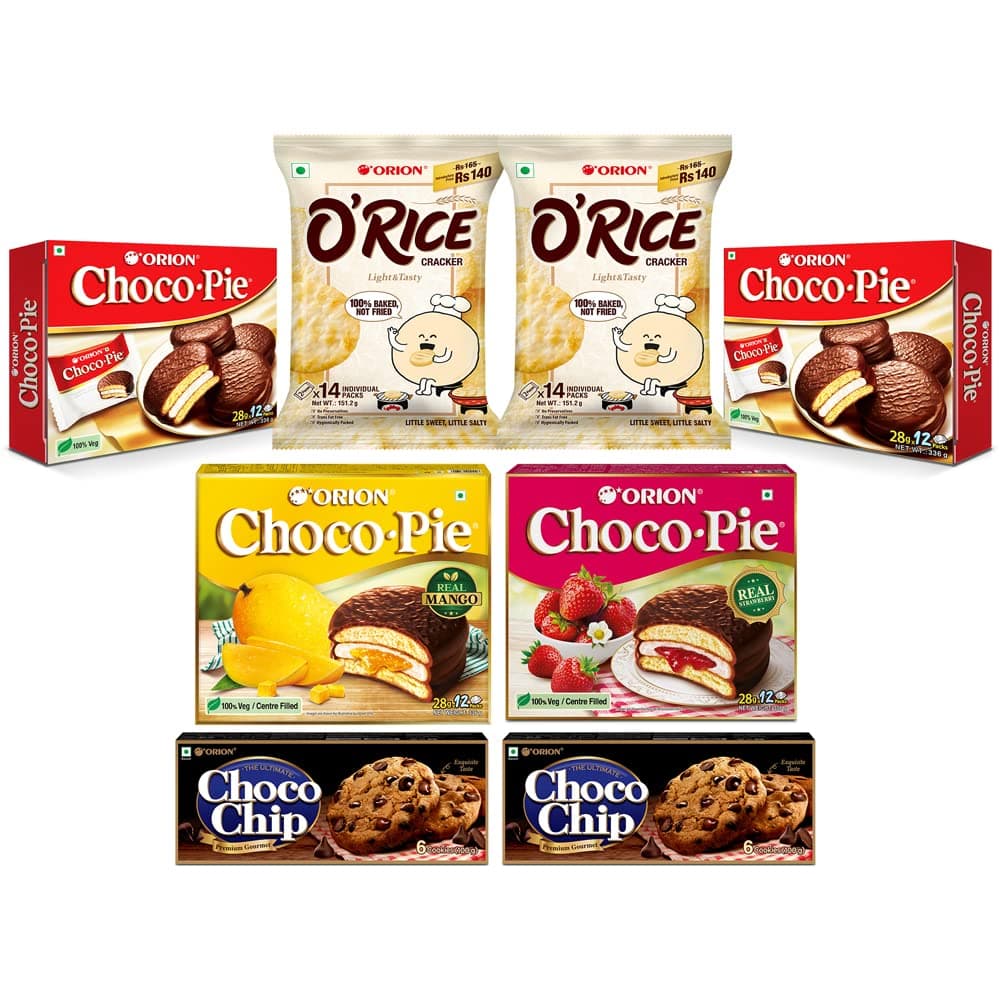Orion Assorted snack box| Box of 8 delicious snacks | Sweet & savoury snacks | O'rice cracker Korean baked snack 2x14 pc pack | Original, Mango & Strawberry Chocopie 4x12pc pack | Chocochip cookie 2x6 pc pack