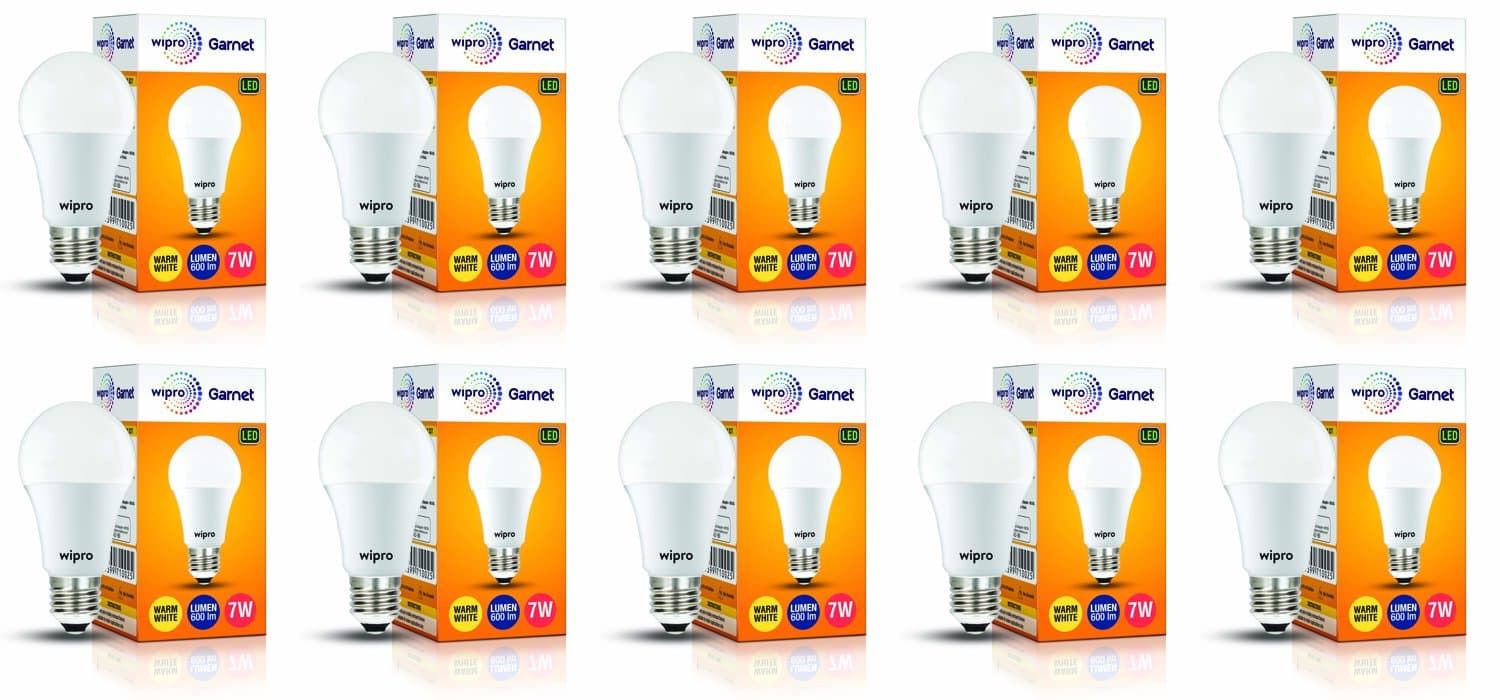Wipro Garnet 7W LED Bulb for Home & Office |Warm White (2700K) | E27 Base|220 degree Light coverage |4Kv Surge Protection |400V High Voltage Protection |Energy Efficient | Pack of 10
