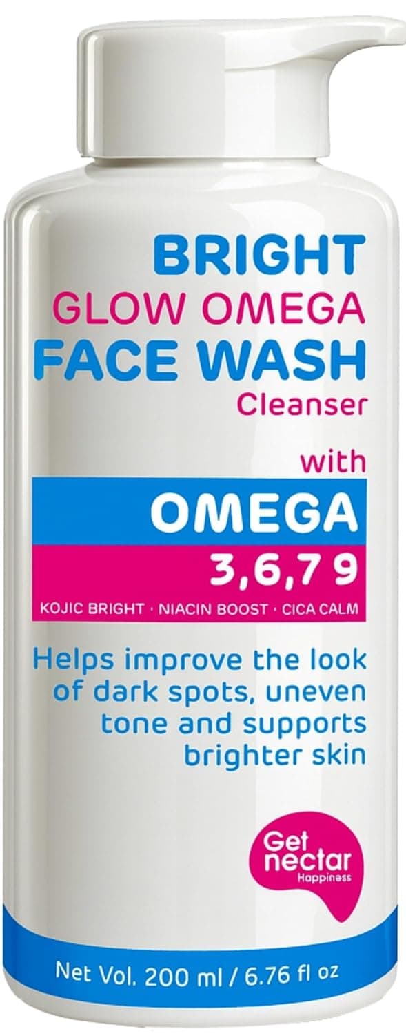 Get Nectar Happiness Bright Glow Omega Korean Glow Essence Face Wash Cleanser | Dark Spot, Pigmentation, Whitening & Brightening, Even Skin Tone & Gentle Daily Cleanser for Radiant, Glowing Skin – 200 ml