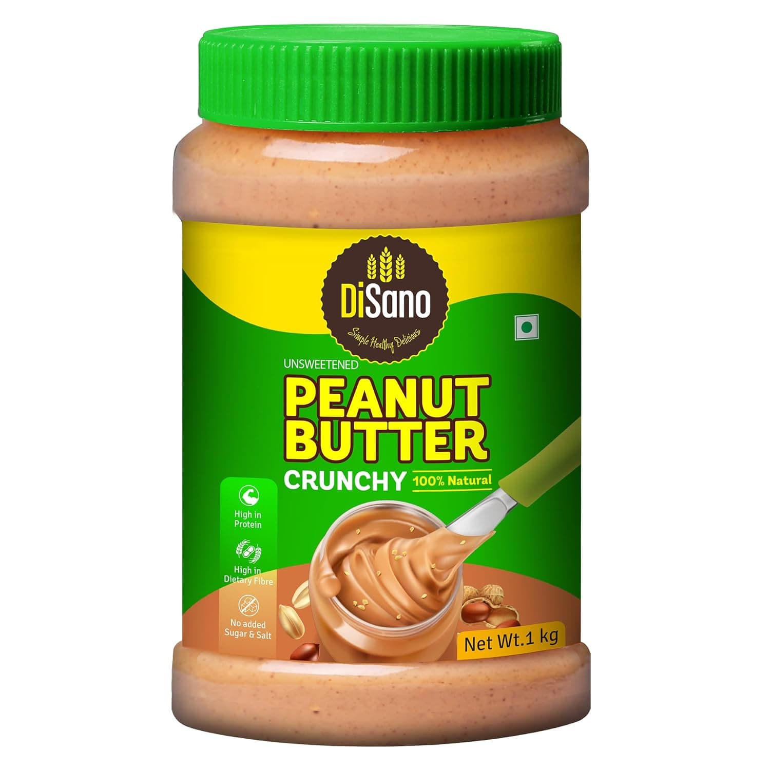 DiSano Peanut Butter, All Natural, Crunchy, Unsweetened, 30% Protein, Gluten Free, Non GMO, 1Kg
