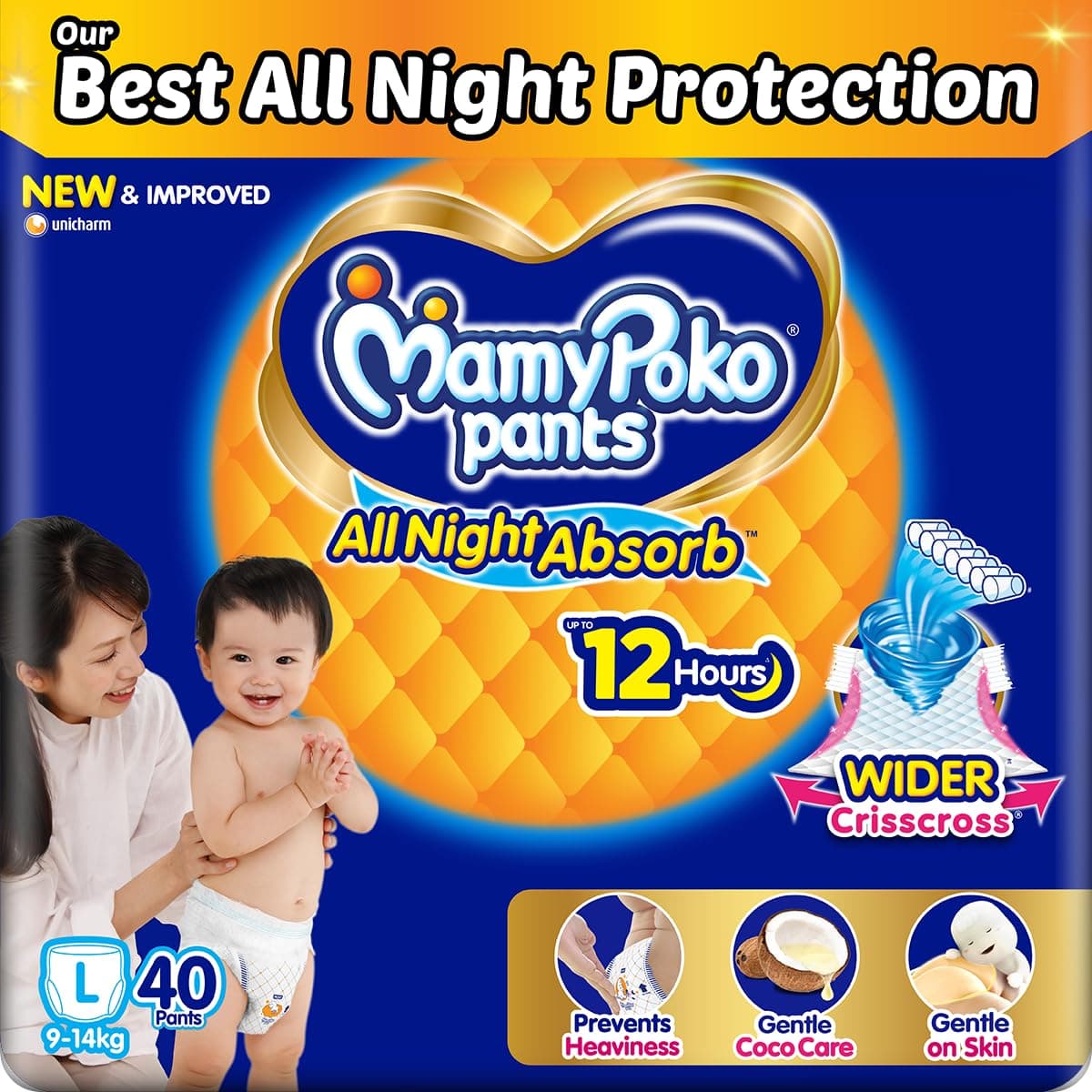 Mamypoko pants All night absorbPant Style Baby Diapers Large Size(L), 40 Count, Ideal for 9-14Kgs1 DiaperWider Crisscross SheetGentle Coco Care12hr Leakage ProtectionPrevents Heaviness.