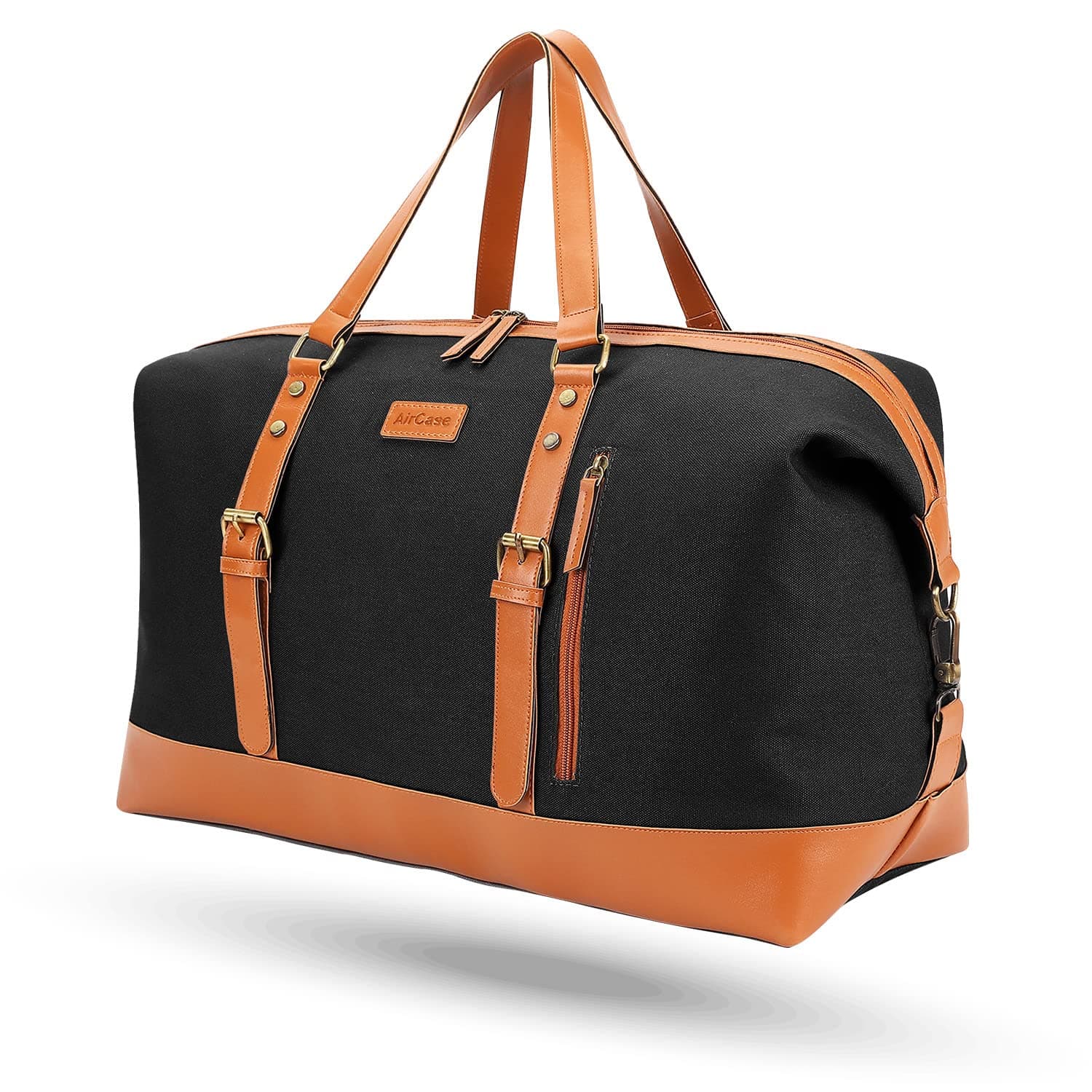 AirCase Canvas Designer Sling Duffle Bag with PU Leather, Detachable Shoulder Strap, Easy to Clean & Durable Cabin Luggage Hand Bag for Travel/Gym/Business, for Men & Women, Black