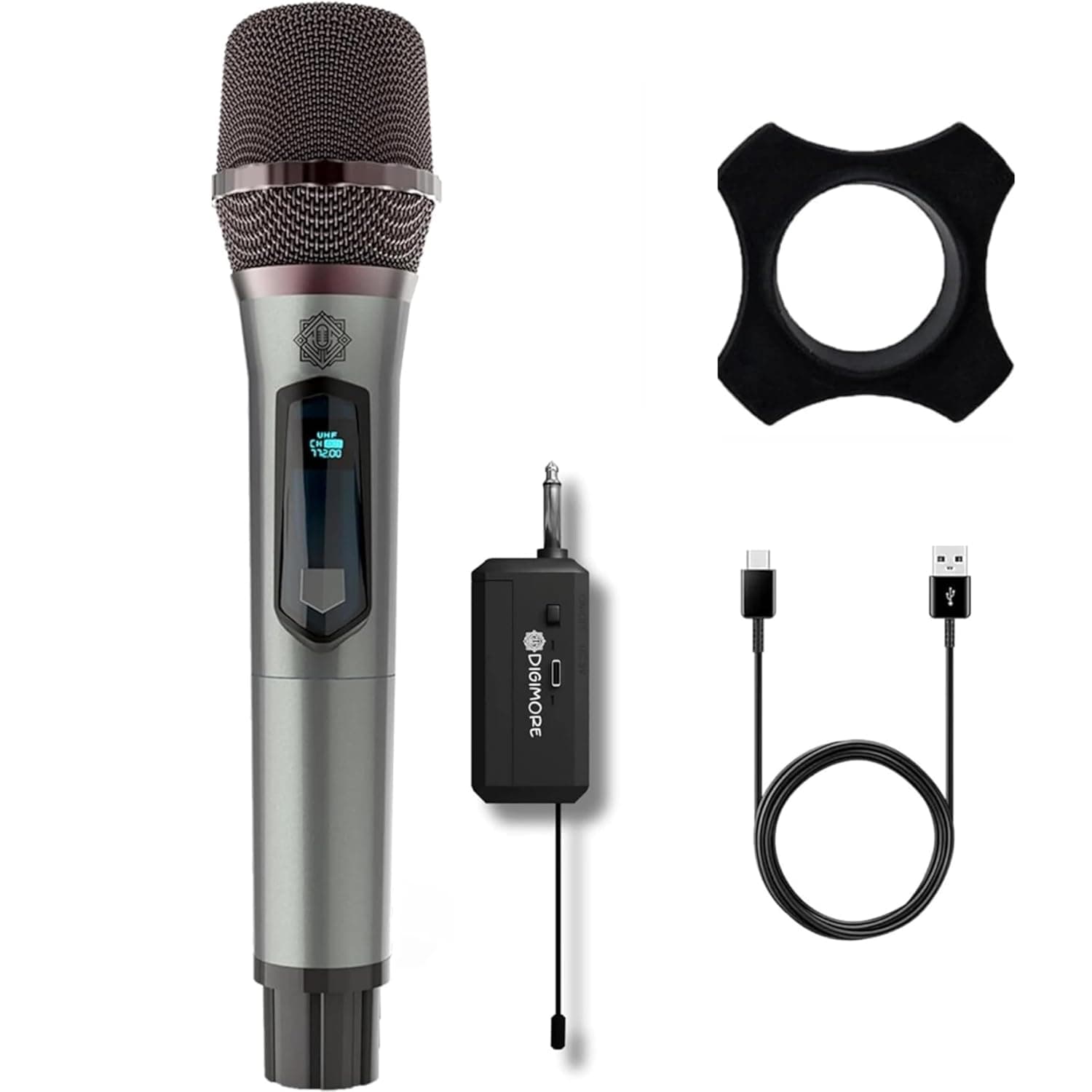 DIGIMORE UHF Wireless Microphone | Noise Reduction Coil | 200ft Long Range | Cardioid Pattern | 10Hrs Battery | Type-C Port | Ideal for House Parties, Live Events, Singing, Classroom, Church (D-340)
