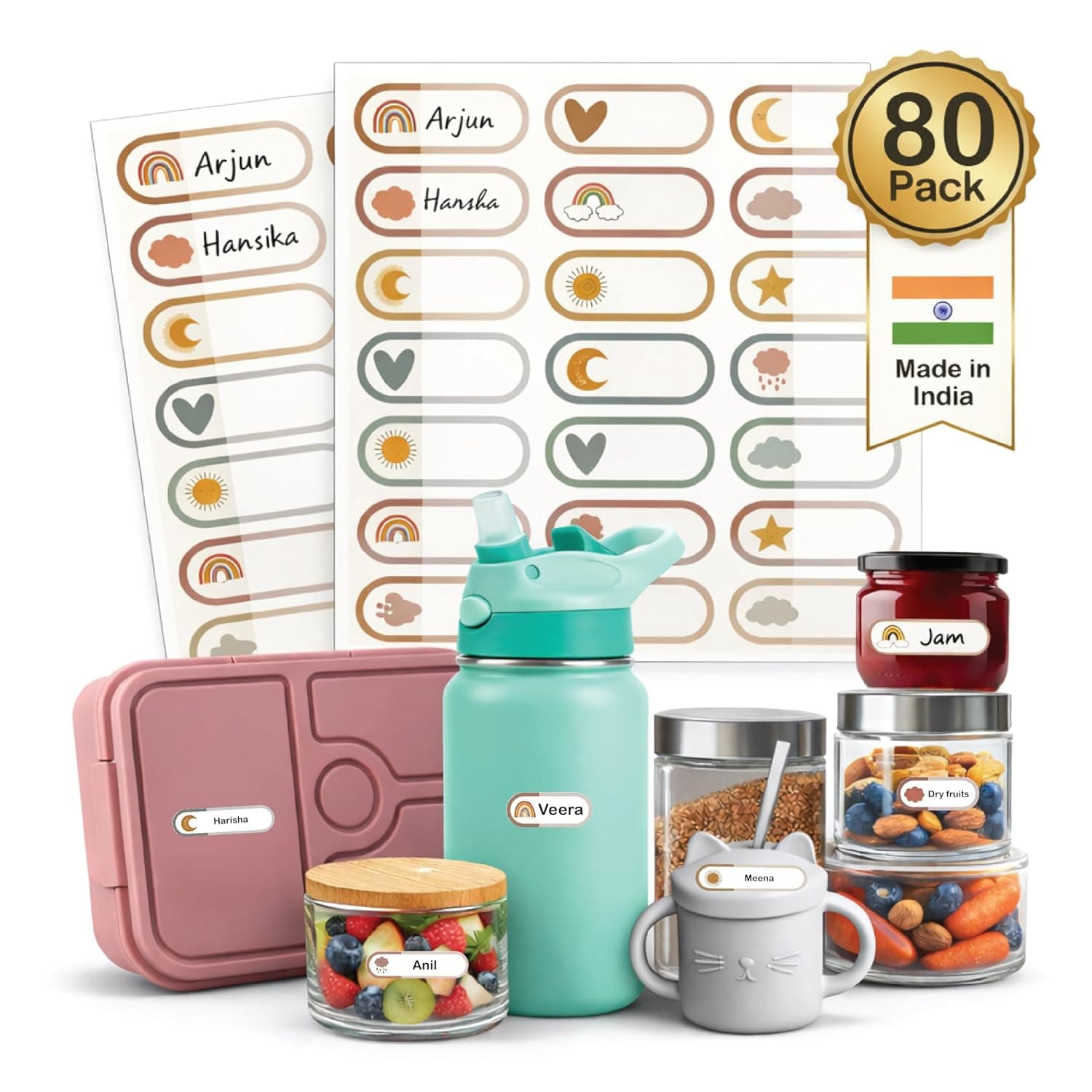 80 Waterproof Name Stickers for Kids School | Write On Labels for Bottle, Lunchbox, Books | Personalized Name Tags | Strong Adhesive, Smudge Proof | Chic Buddy