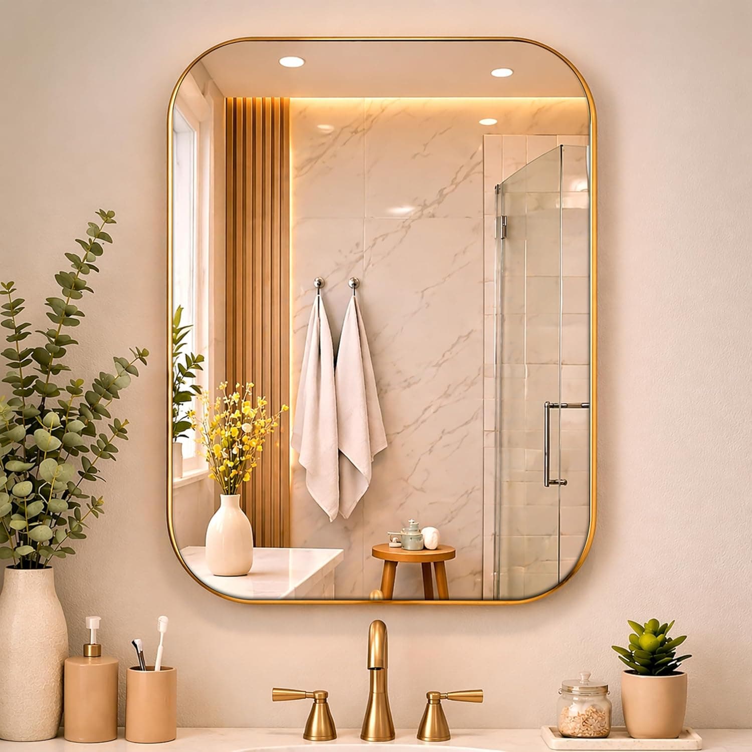 Rousrie Premium Glass Wall Mirror with Golden Frame, Big Size 24x18 Inches, for Bathroom, Living Room, Washbasin