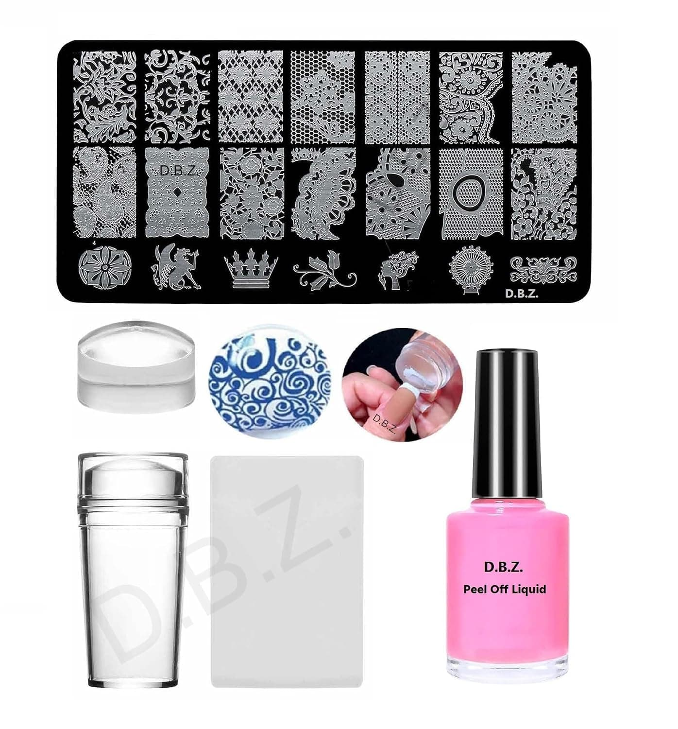 D.B.Z. Nail Art Stamping Kit – 1 Pc Nail Stamping Templates, 1 Pc Liquid Latex Peel Off Tape, 1 Stampers with 2 Scrapers, Nails Art Stamping Kit Manicure Tool