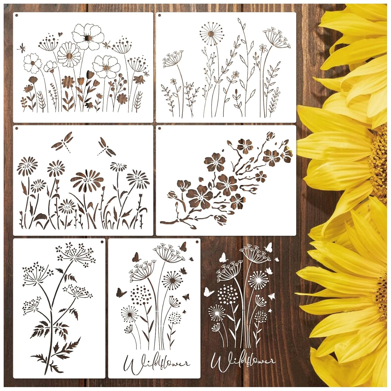 Large Wildflower Stencils for Painting on Wall Reusable, 15 Inch Spring Flower Dragonfly Stencils Floral Pottery Stencil Templates for Garden Walls Wood Canvas Fabric Home Decor