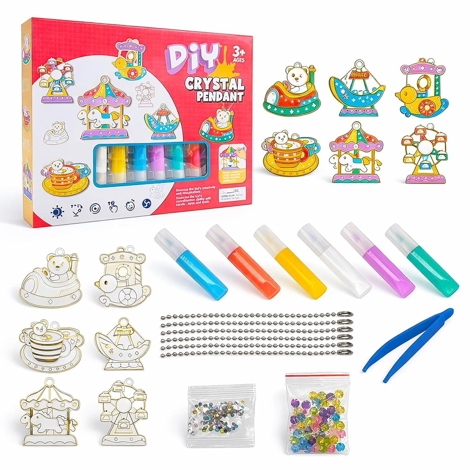 VGRASSP DIY Color Glue Painting Crystal Pendant with Accessories - Window Art and Craft Toy Kit for Boys, Girls Ages 3+, Decorative and Classroom Activities, Birthday Gift - Random Design