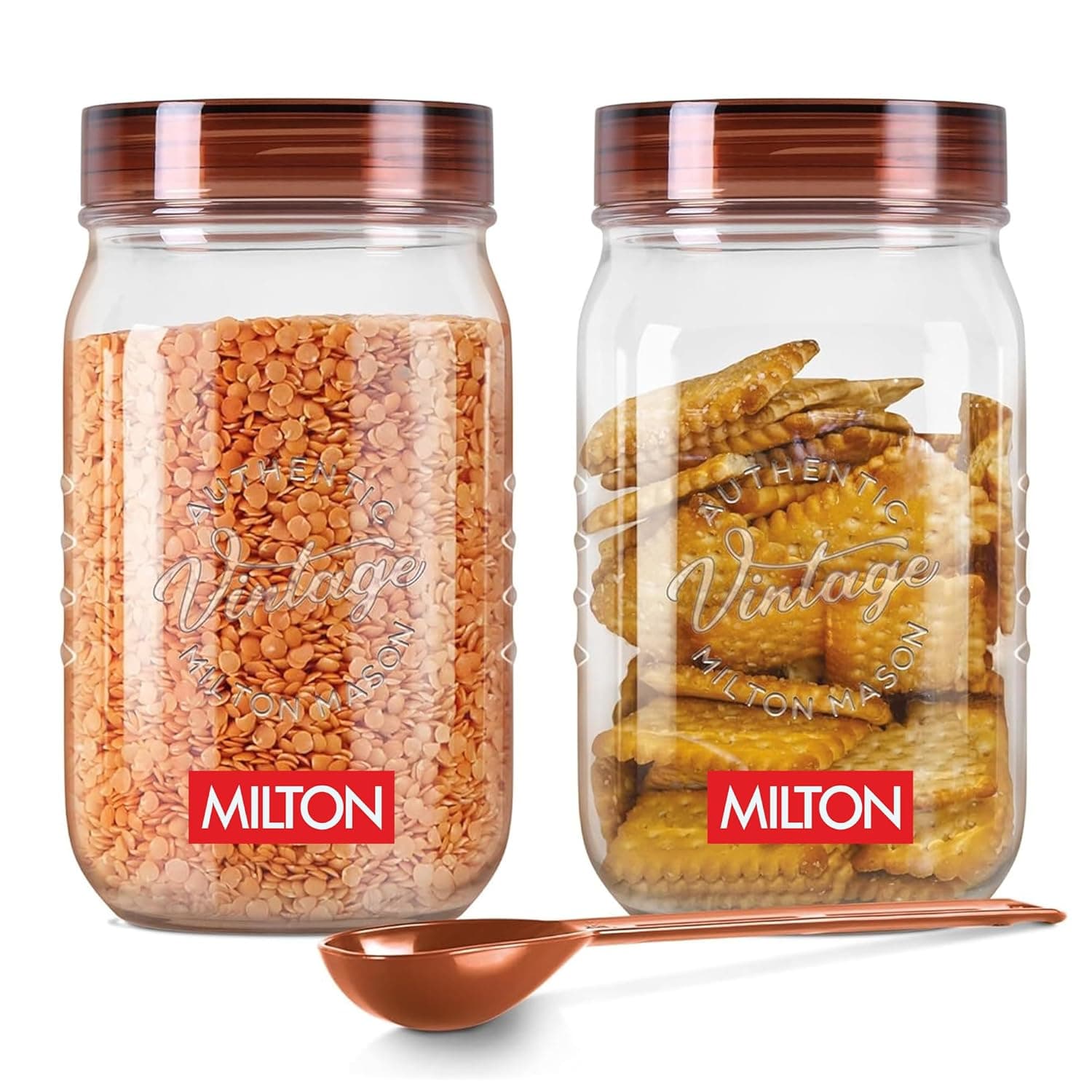 Milton Vintage Airtight Containers with Spoons for Kitchen Storage Food Grade Plastic, Stackable & Transparent Organizer Jars, Masala Dabba, Set of 2 (2 Litres each) for Tea, Coffee, Sugar, Dry Fruits