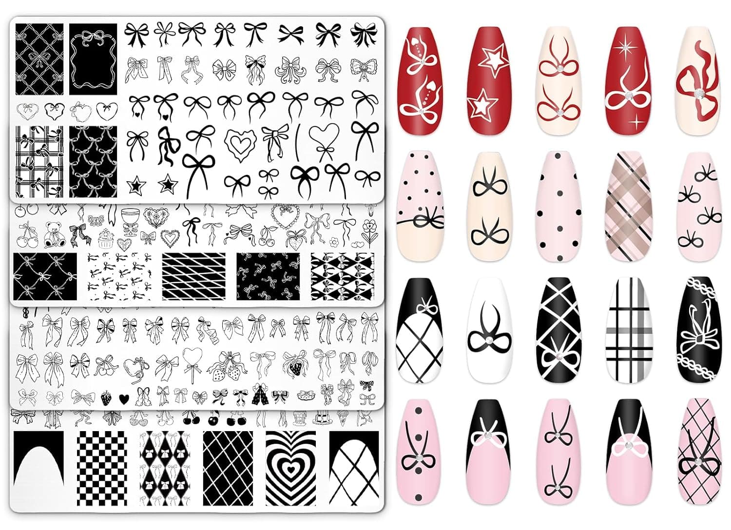JarThenaAMCS 4Pcs Bow Nail Plates Stamping Set Heart Bear Bowknot Stamp Templates Nail Art Plates for Coquette DIY Print Manicure Salon Design